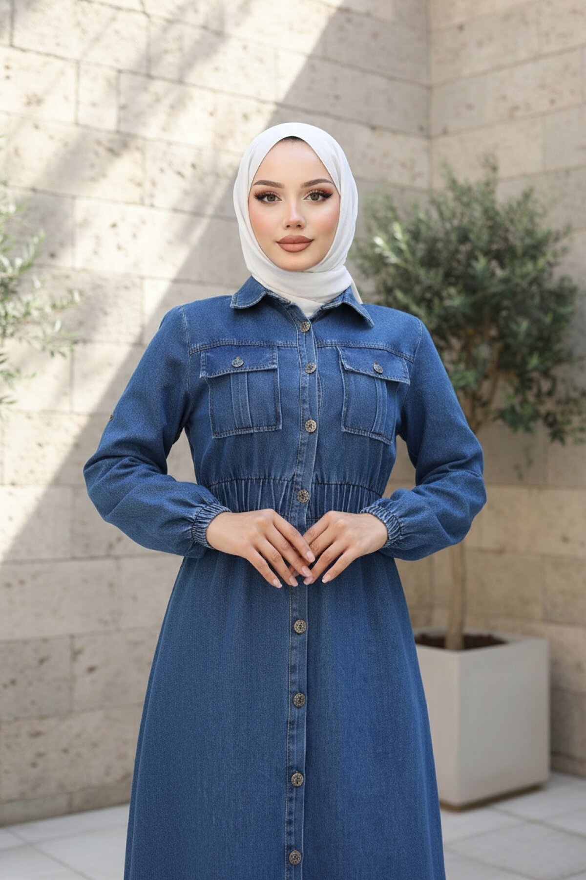 Açık Mavi Beli Lastikli Kot Ferace - Modamihram