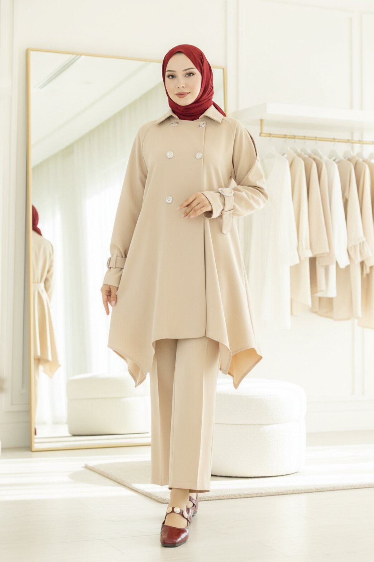 Bej Manşet Tokalı Düğme Detaylı İkili Takım - Modamihram