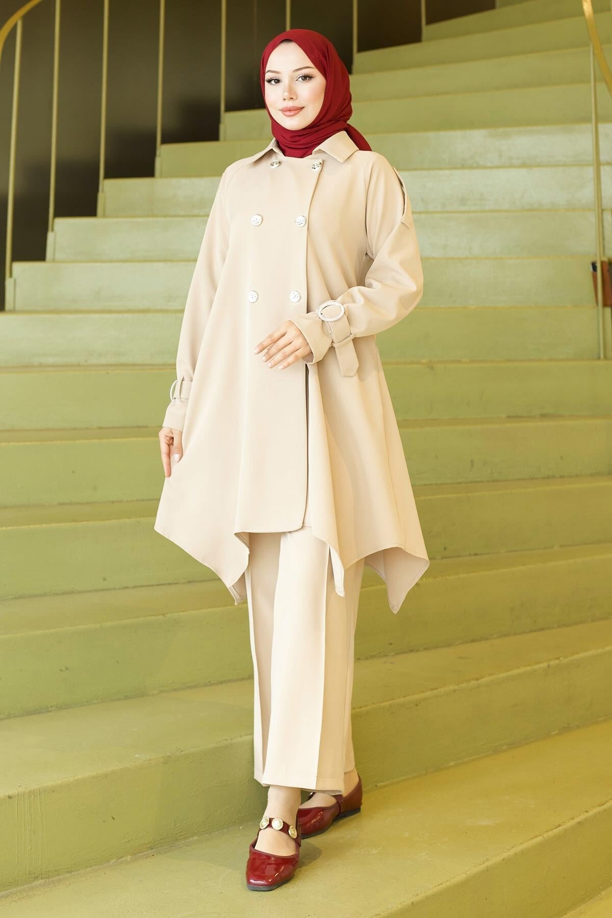 Button Detail Two-Piece Set - Beige - Modamihram
