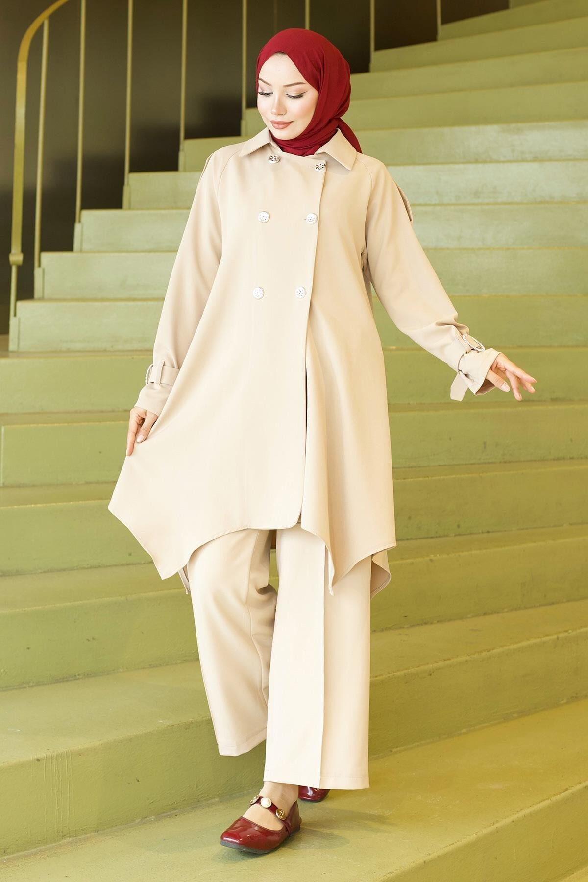 Button Detail Two-Piece Set - Beige - Modamihram