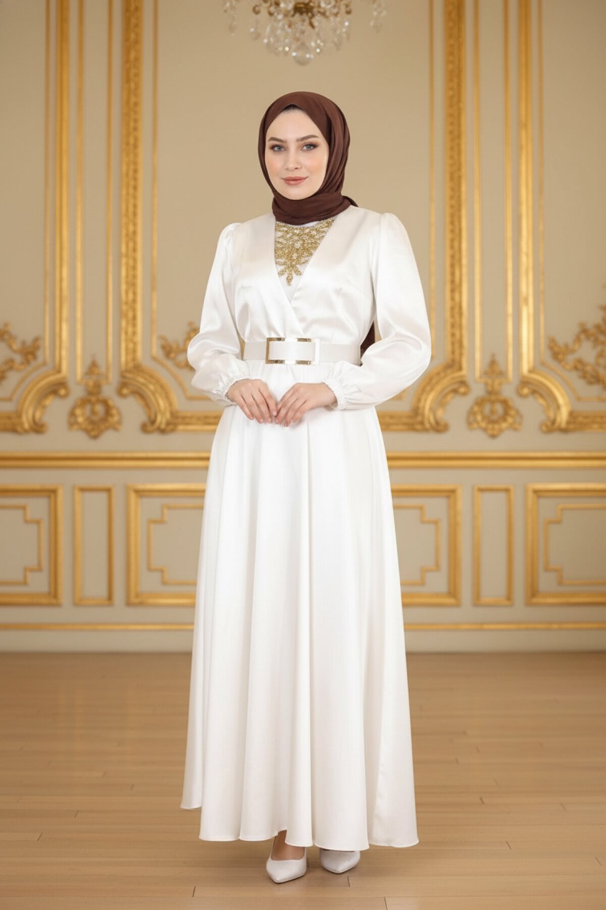 Beyaz Taş Detaylı Saten Abiye Elbise - Modamihram