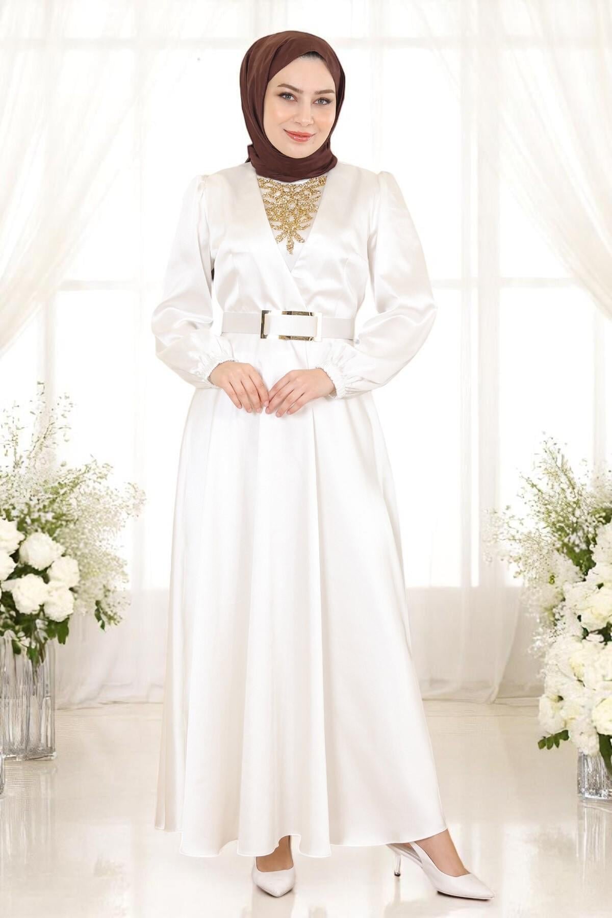 Satin Stone-Detailed Evening Dress - White - Modamihram