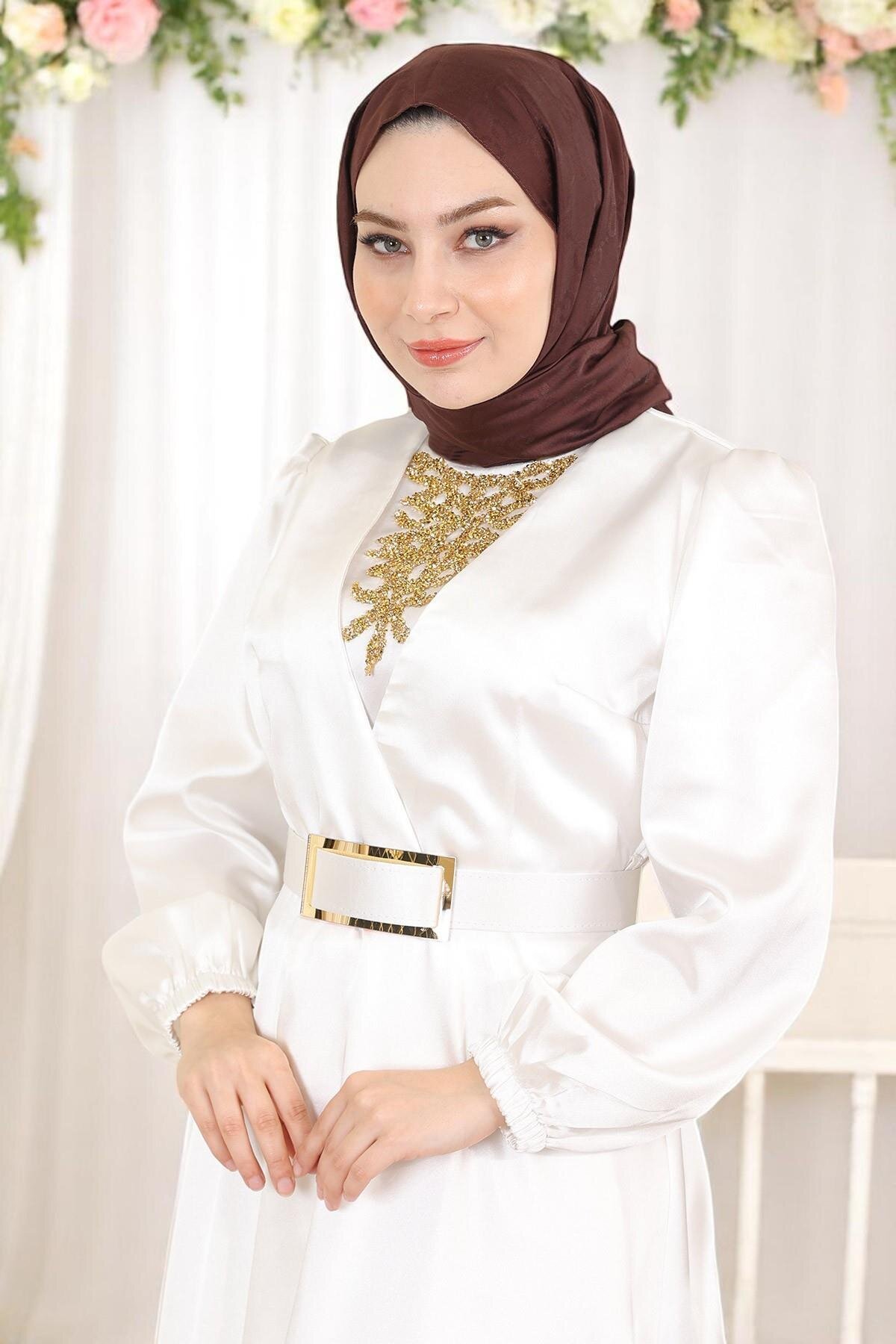 Satin Stone-Detailed Evening Dress - White - Modamihram