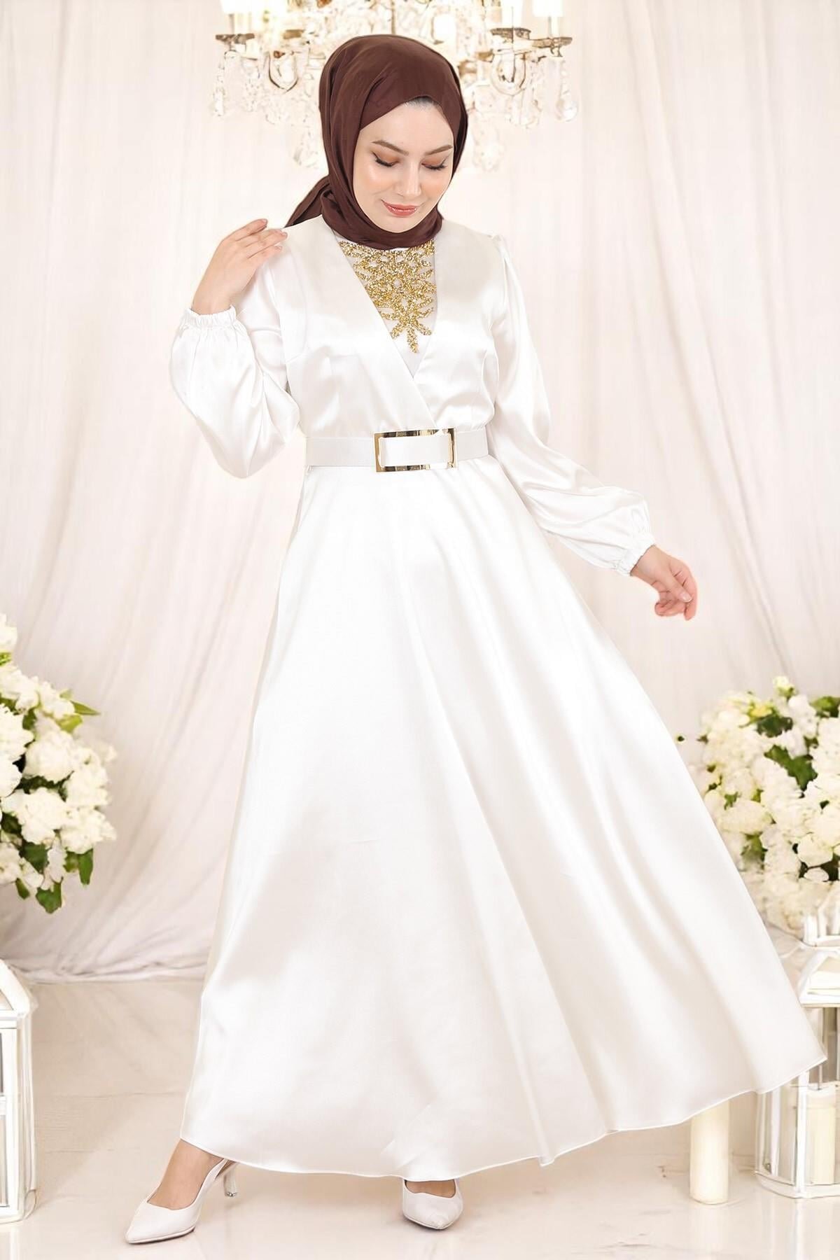 Satin Stone-Detailed Evening Dress - White - Modamihram