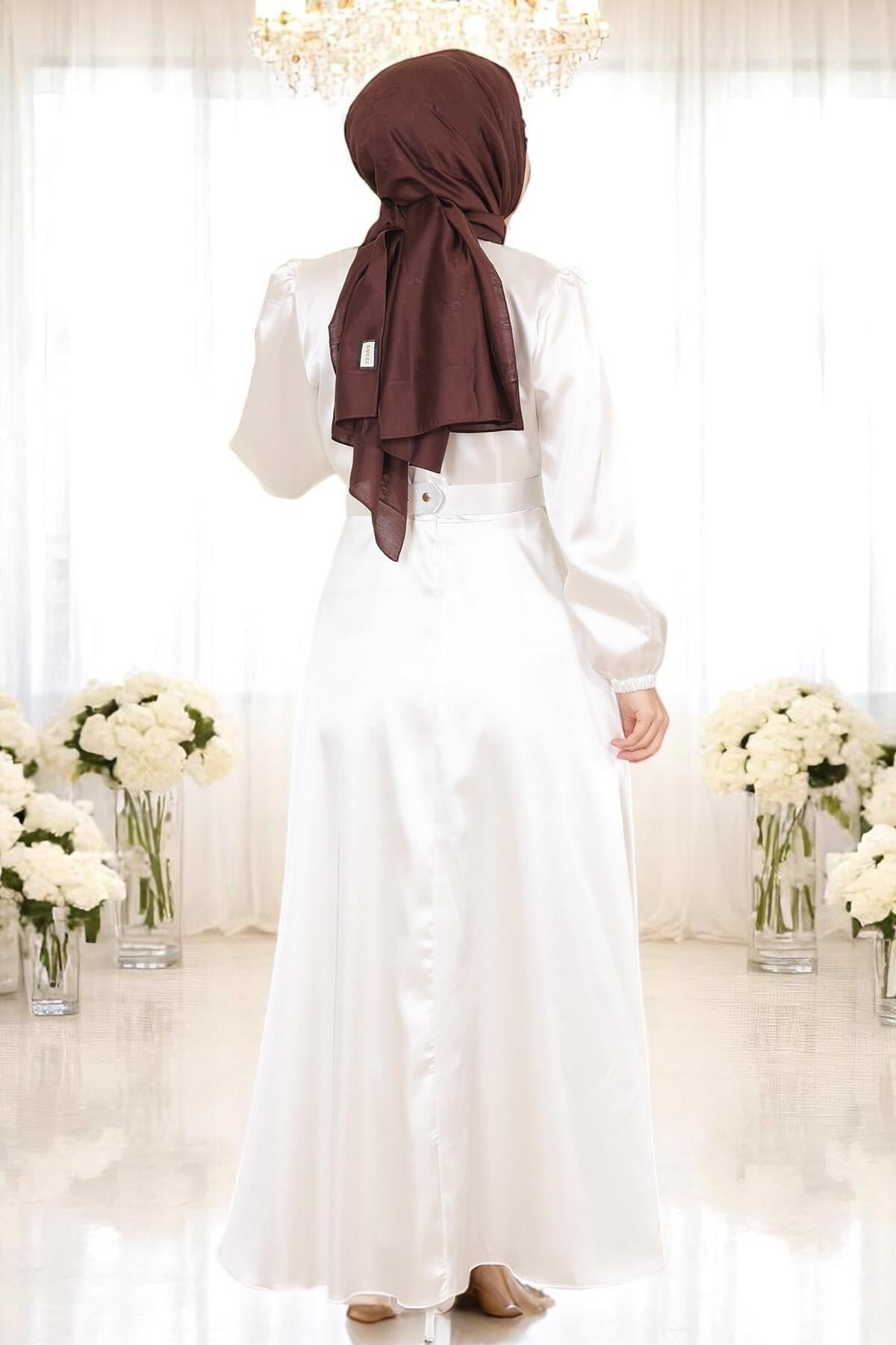 Satin Stone-Detailed Evening Dress - White - Modamihram