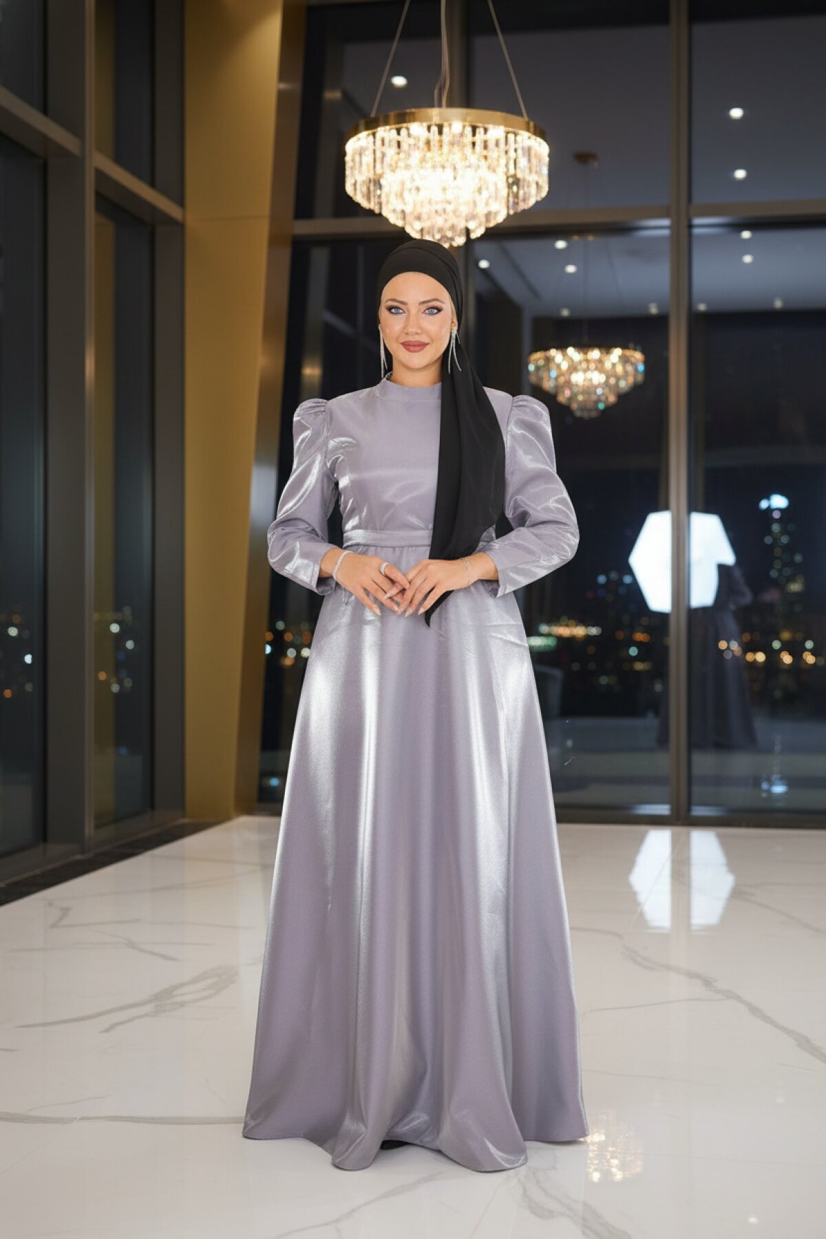 Gri Büyük Beden Omuz Büzgülü Abiye Elbise - Modamihram