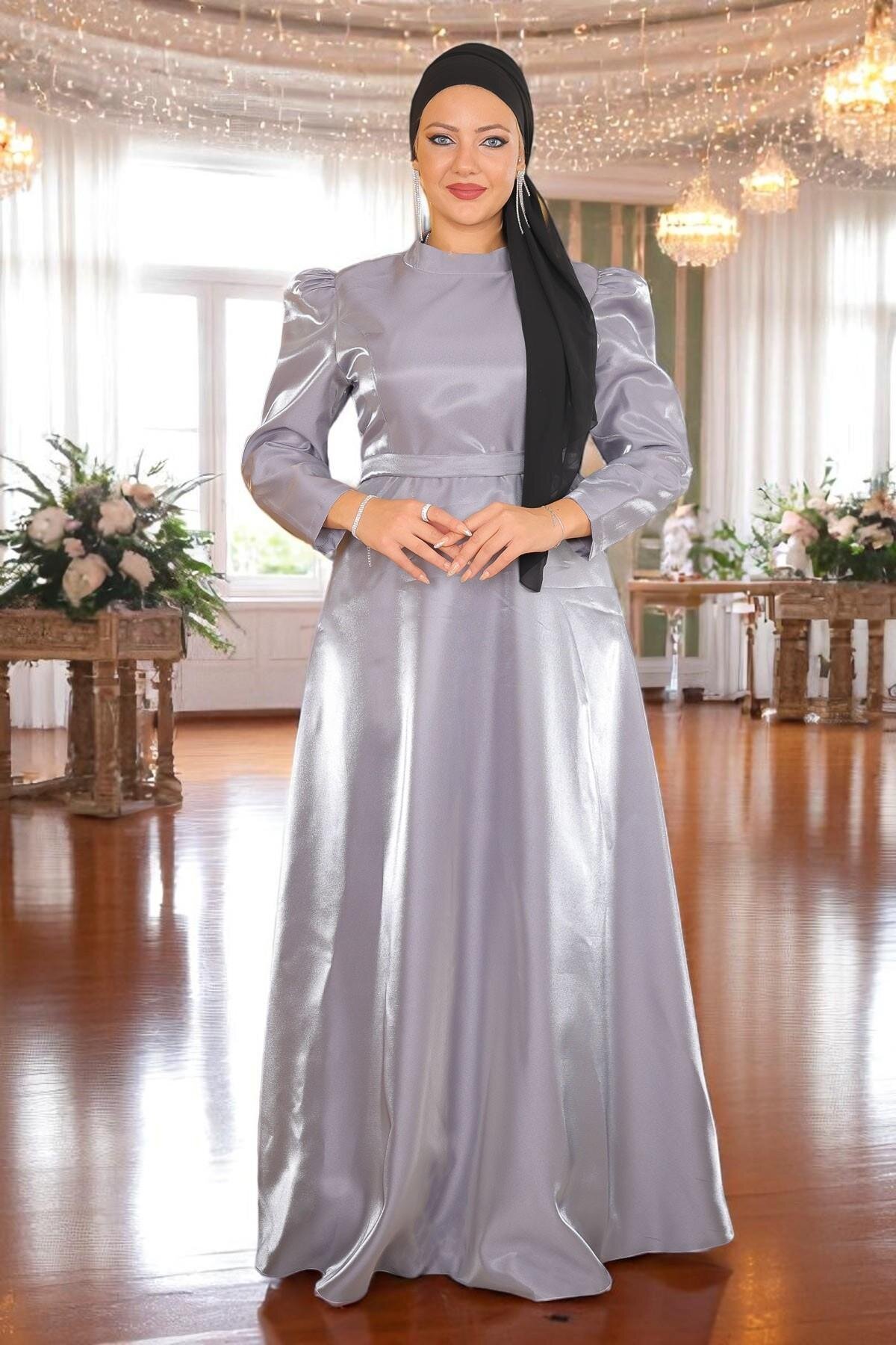 Plus Size Shoulder-Pleated Evening Dress - Grey - Modamihram