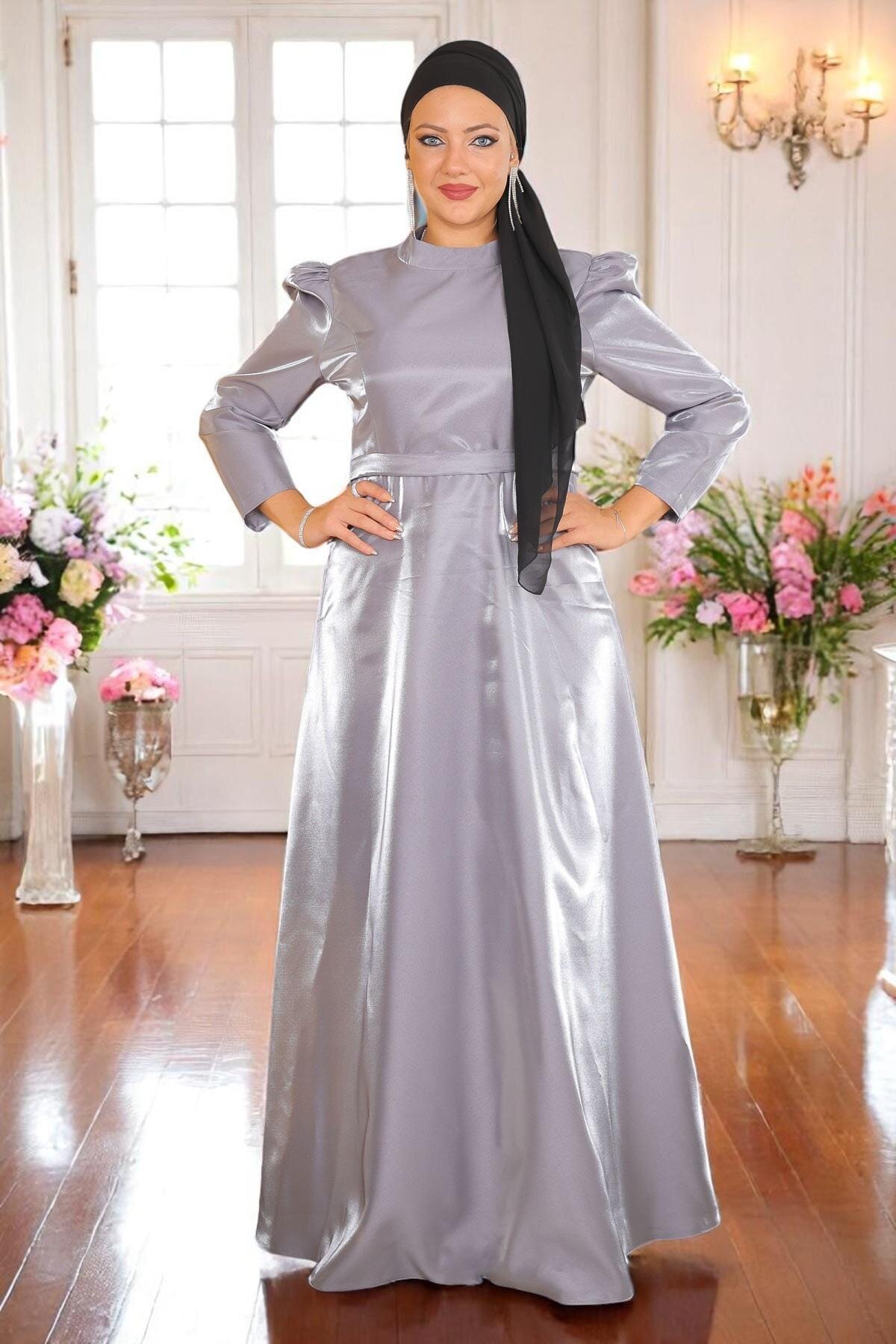 Plus Size Shoulder-Pleated Evening Dress - Grey - Modamihram