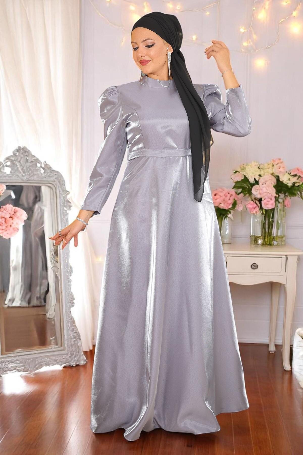 Plus Size Shoulder-Pleated Evening Dress - Grey - Modamihram