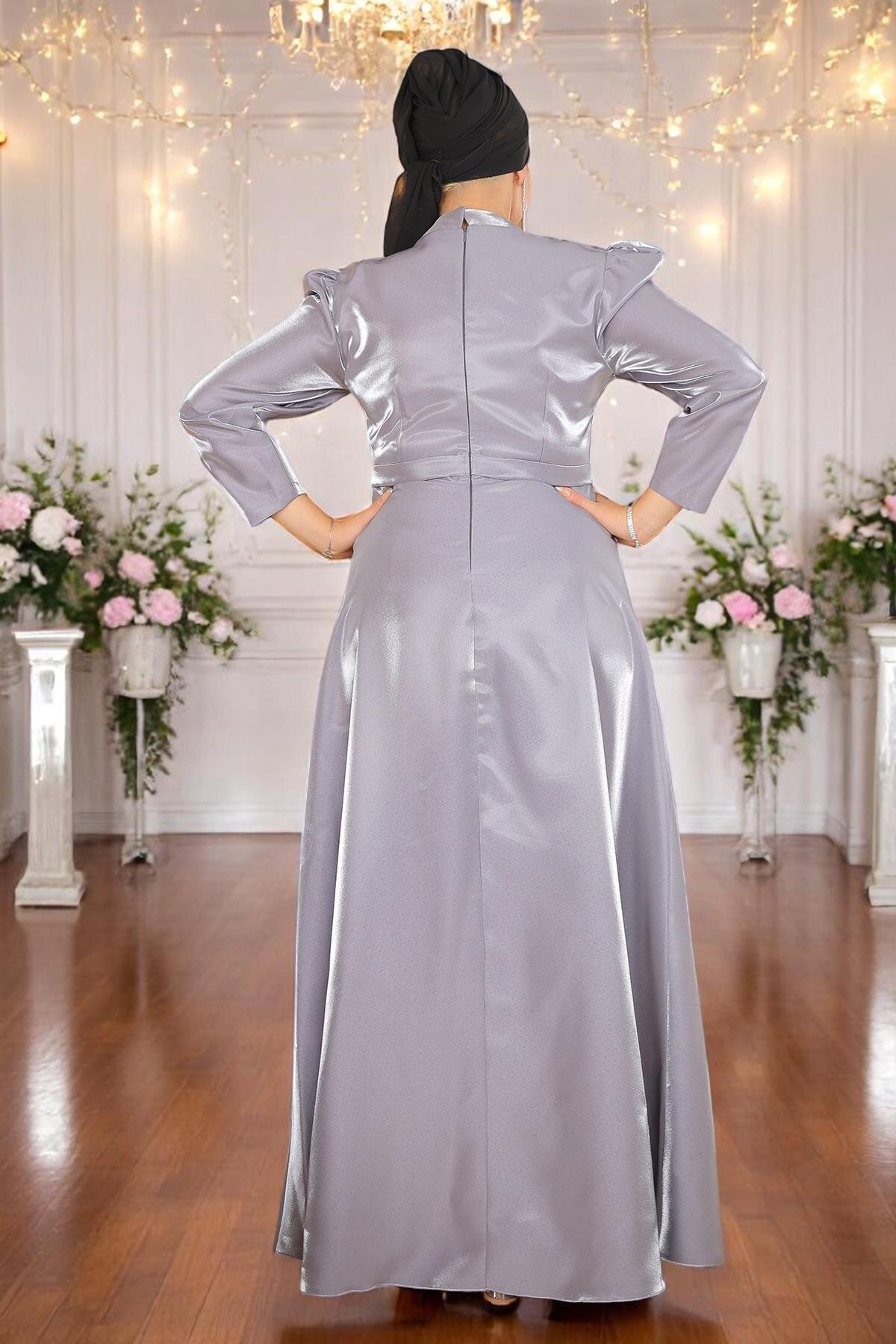 Plus Size Shoulder-Pleated Evening Dress - Grey - Modamihram
