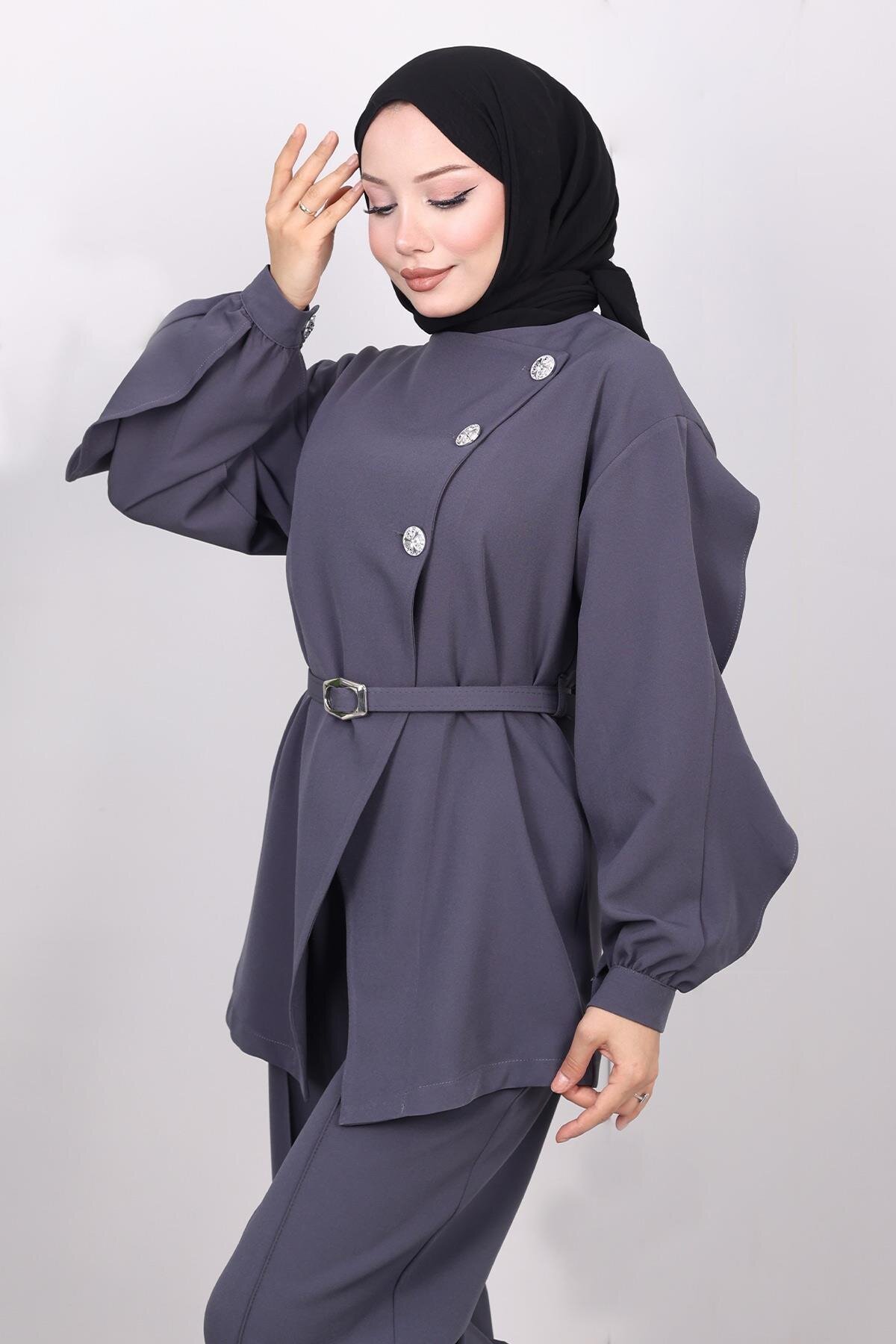 Cross-Buttoned Two-Piece Set - Grey - Modamihram