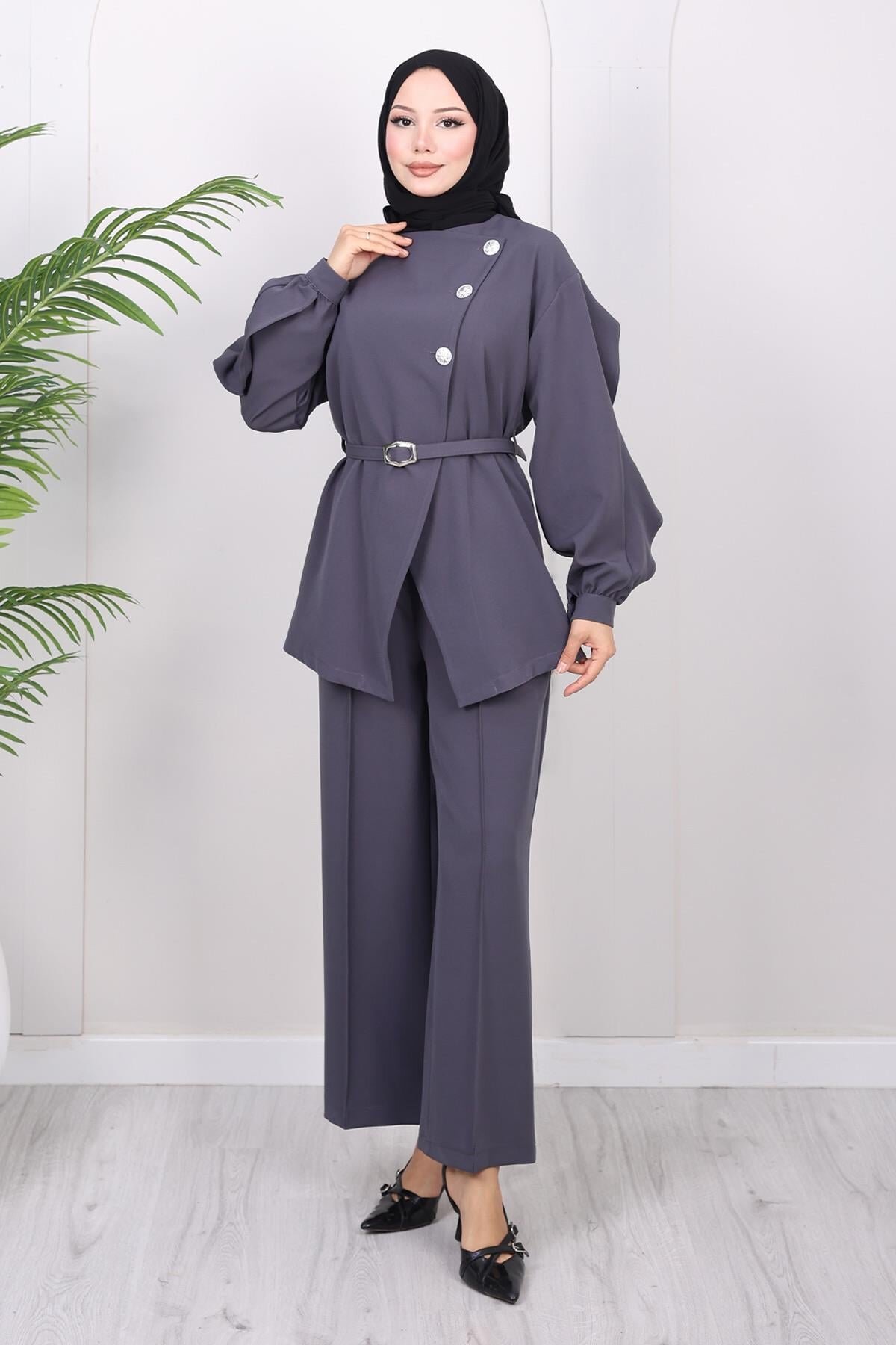 Cross-Buttoned Two-Piece Set - Grey - Modamihram