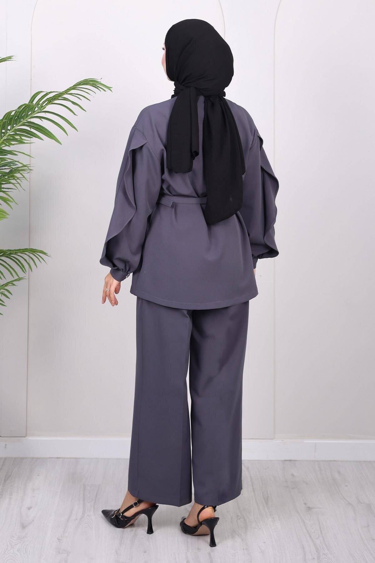 Cross-Buttoned Two-Piece Set - Grey - Modamihram