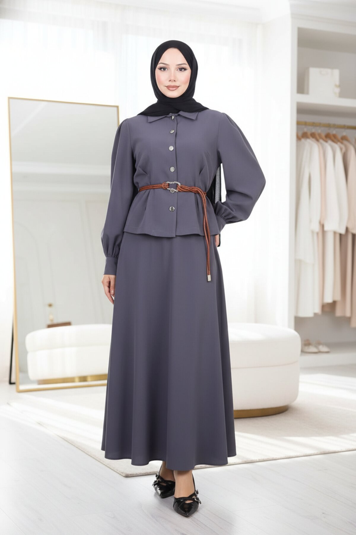 Gri Etekli Kemer Detaylı İkili Takım - Modamihram