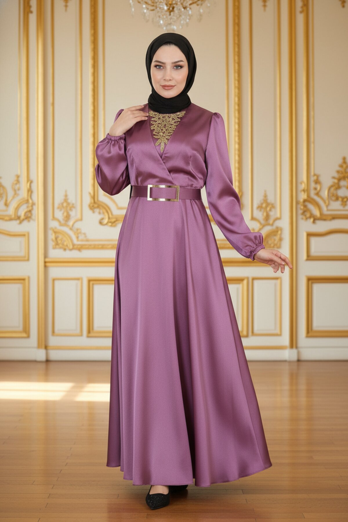 Gül Kurusu Saten Taş Detaylı Abiye Elbise - Modamihram