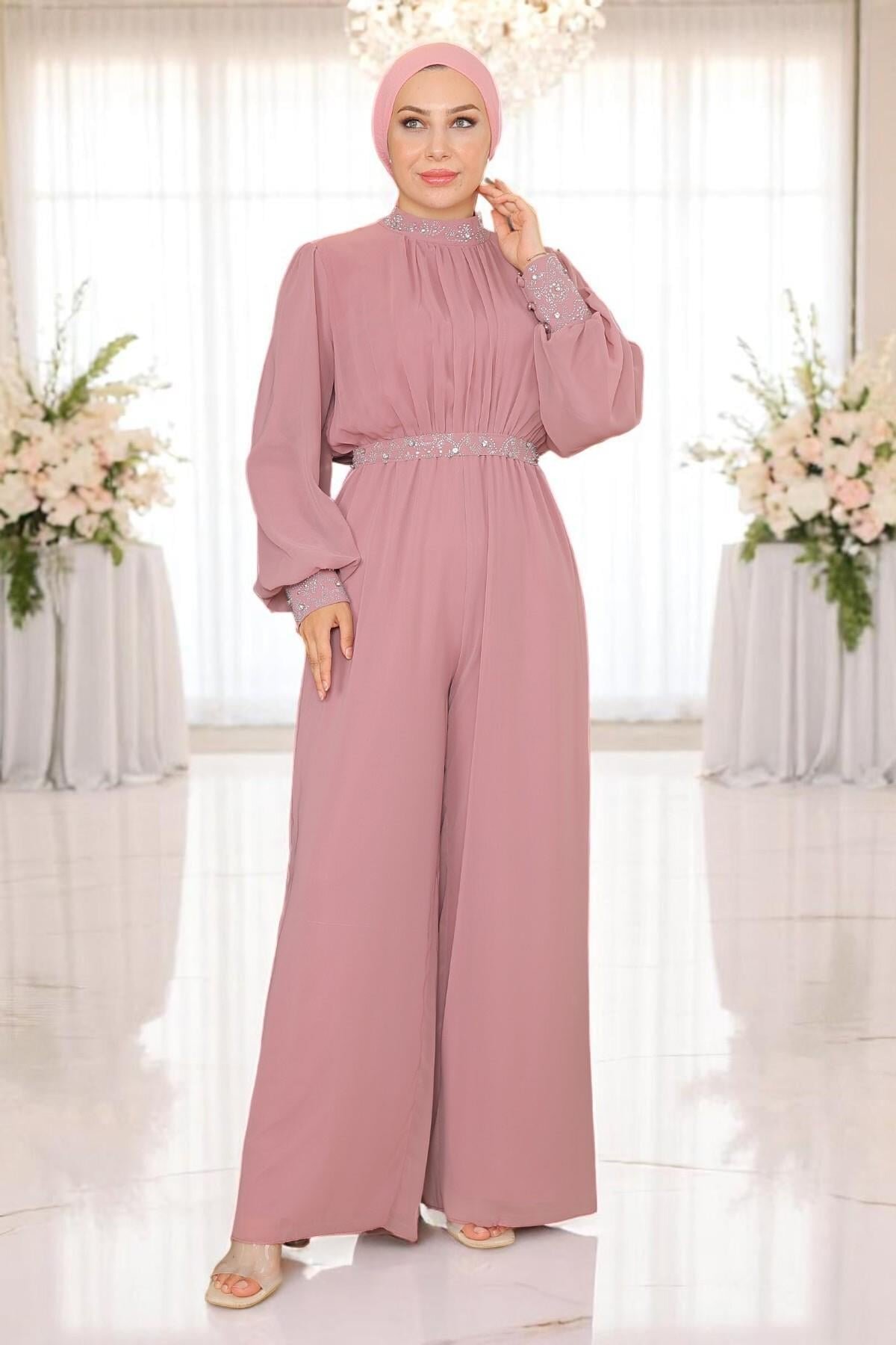 Chiffon Stone-Detailed Evening Jumpsuit - Dried Rose - Modamihram