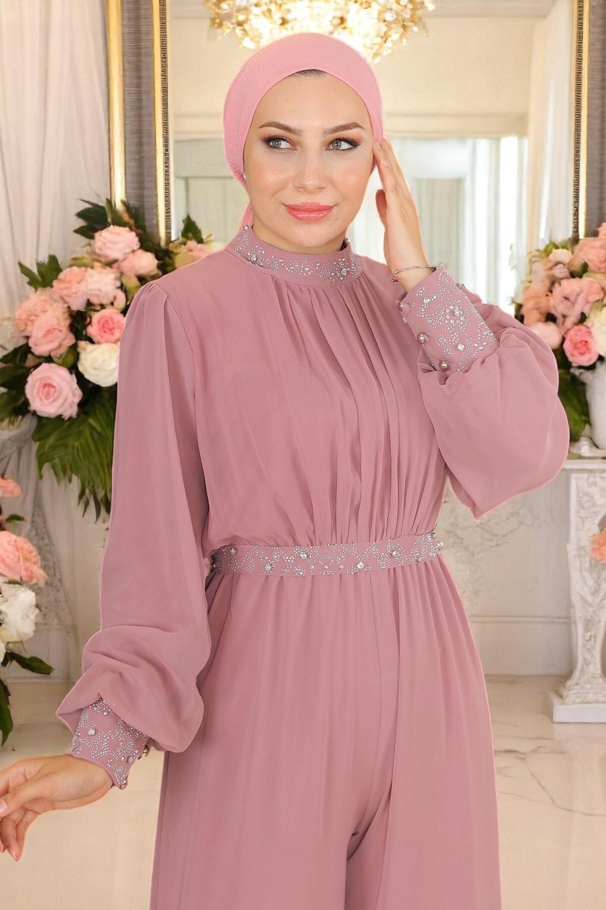 Chiffon Stone-Detailed Evening Jumpsuit - Dried Rose - Modamihram