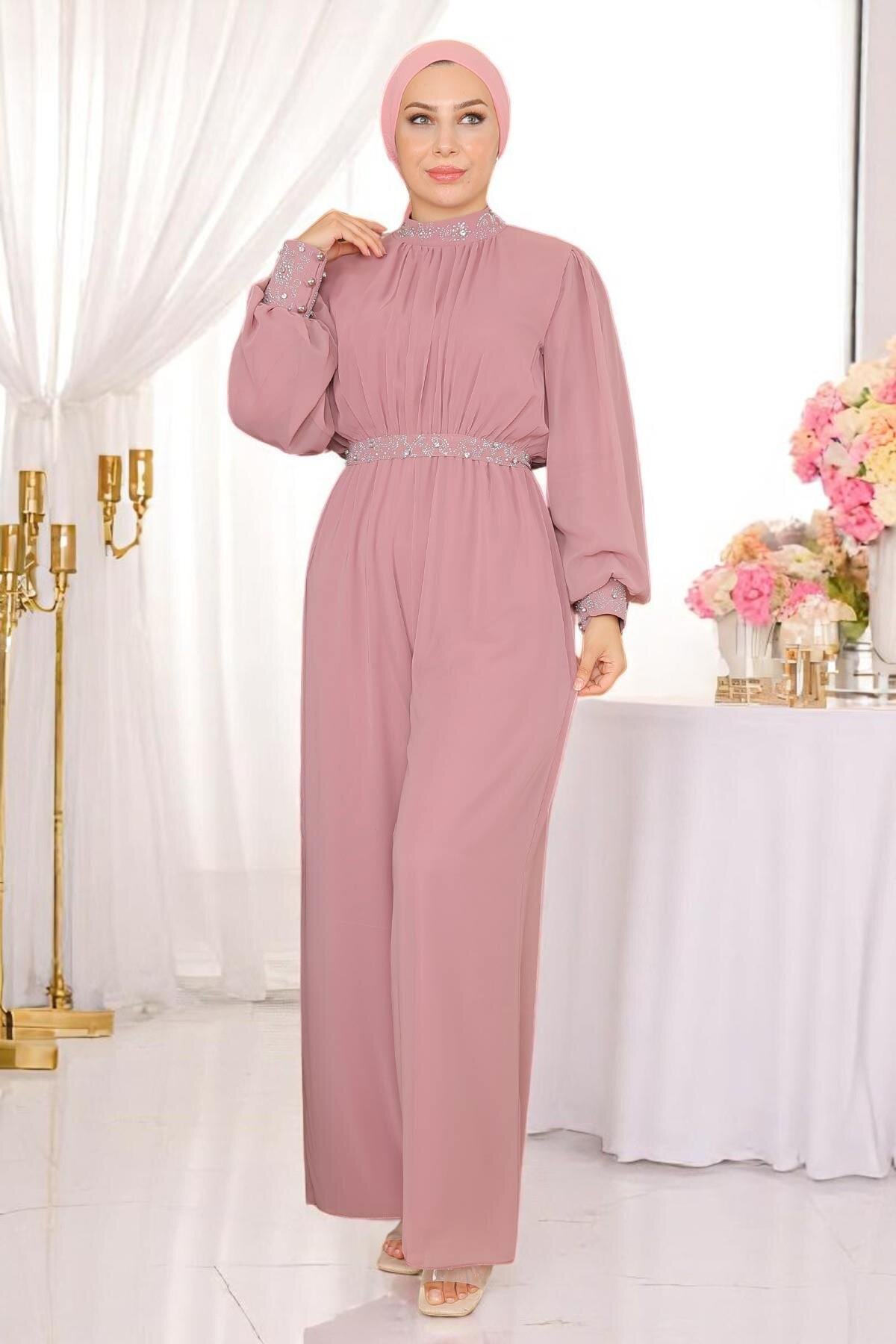 Chiffon Stone-Detailed Evening Jumpsuit - Dried Rose - Modamihram