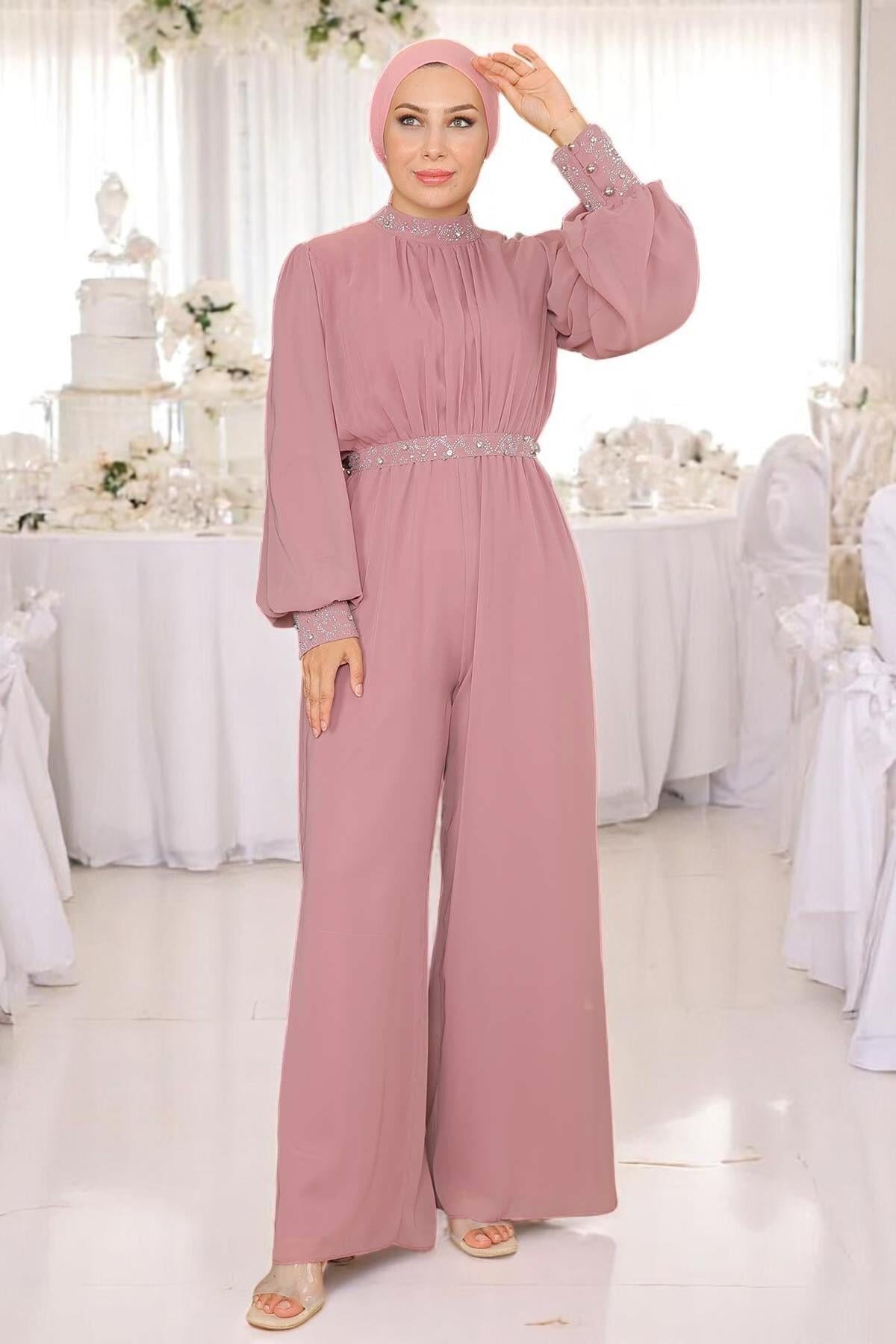 Chiffon Stone-Detailed Evening Jumpsuit - Dried Rose - Modamihram