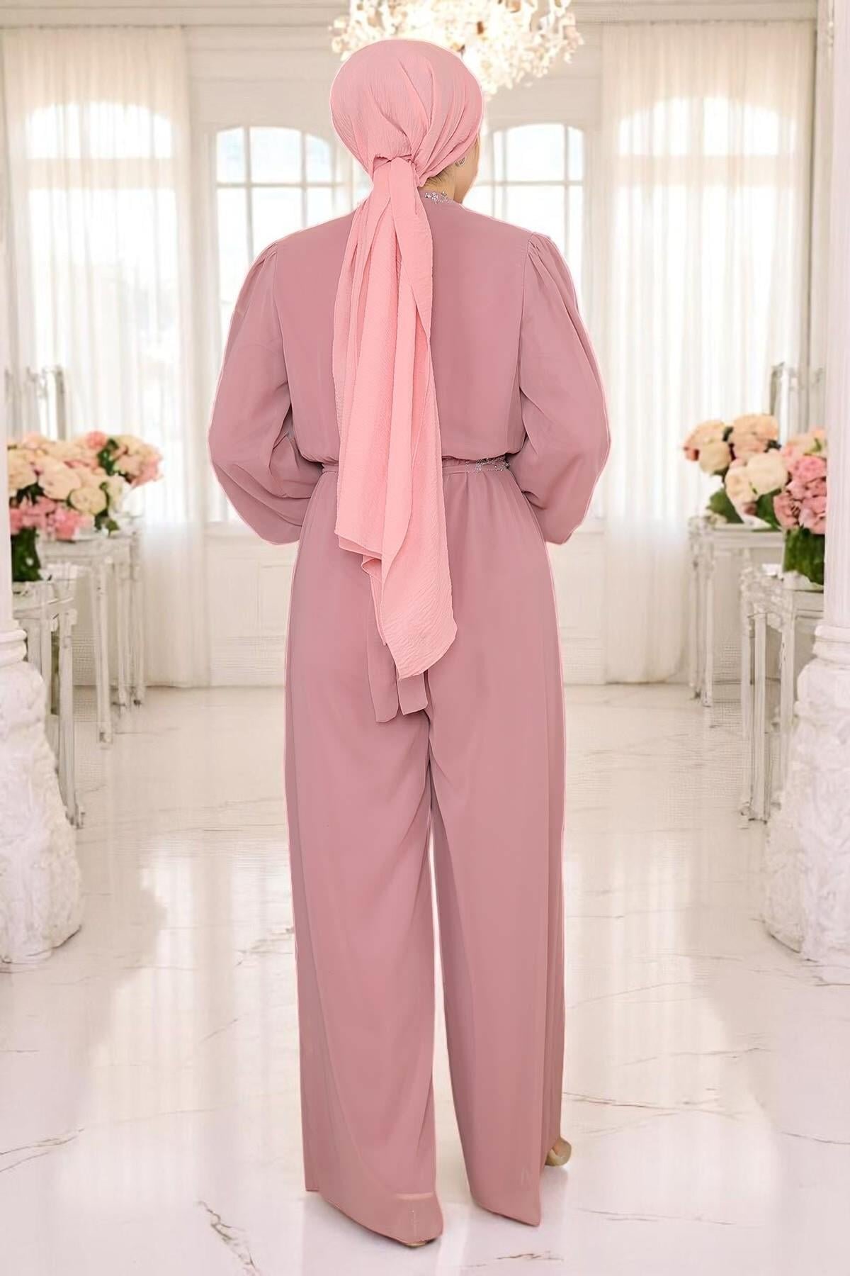 Chiffon Stone-Detailed Evening Jumpsuit - Dried Rose - Modamihram