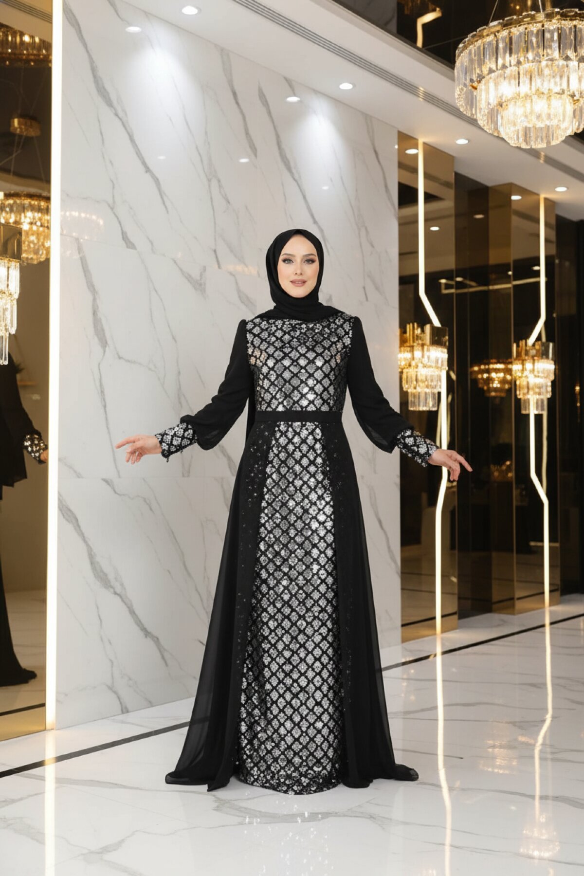 Gümüş Pulpayetli Şifon Abiye Elbise - Modamihram