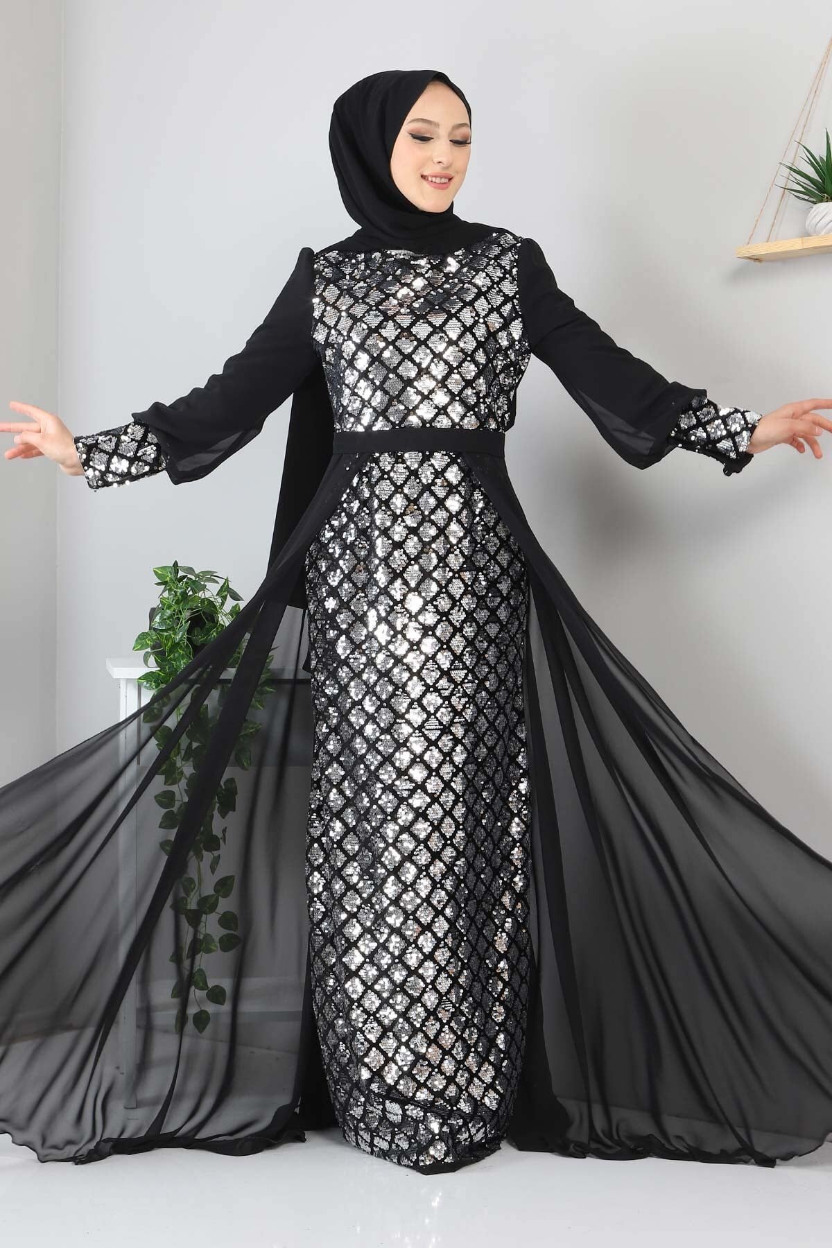 Sequin Chiffon Evening Dress - Silver - Modamihram