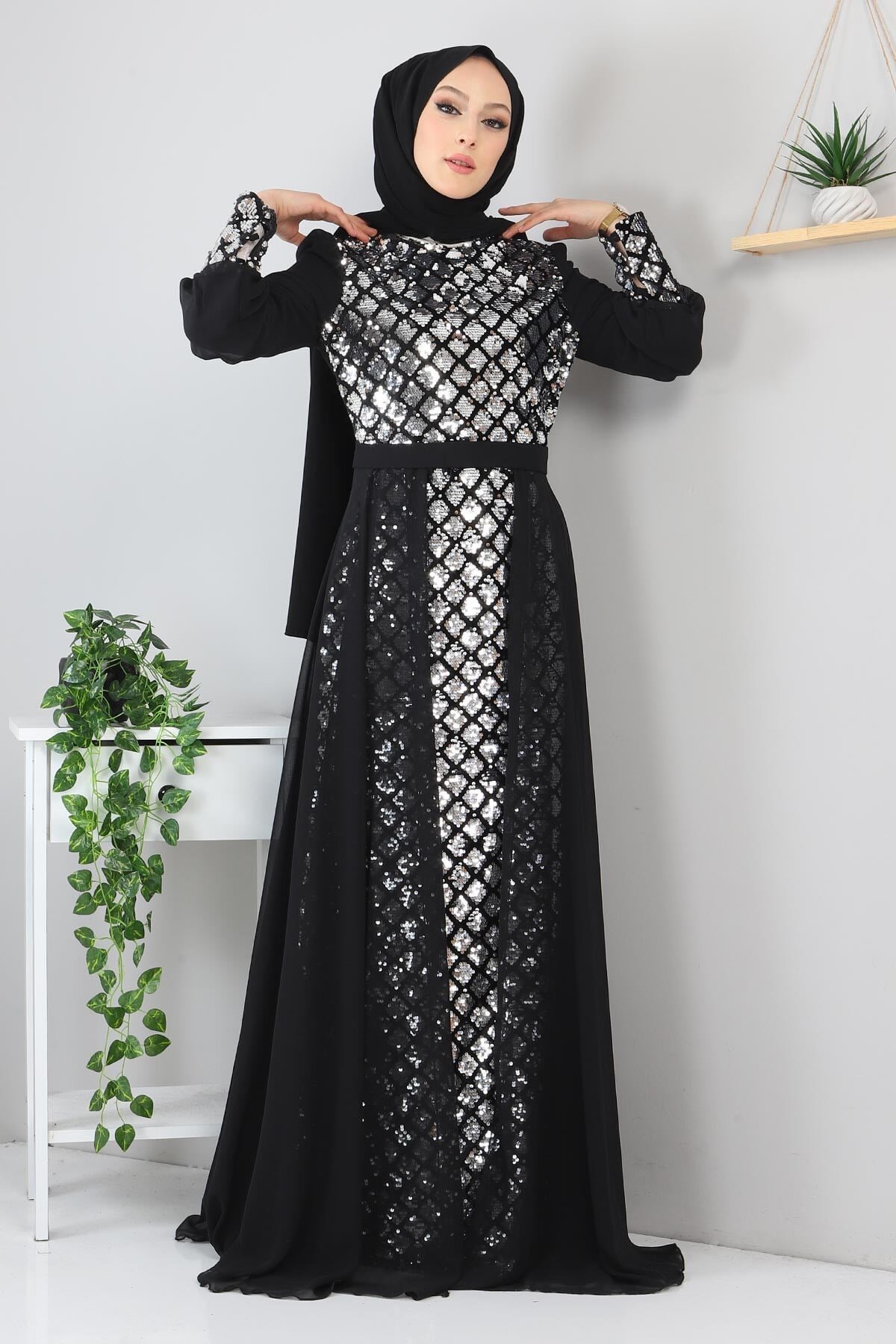Sequin Chiffon Evening Dress - Silver - Modamihram