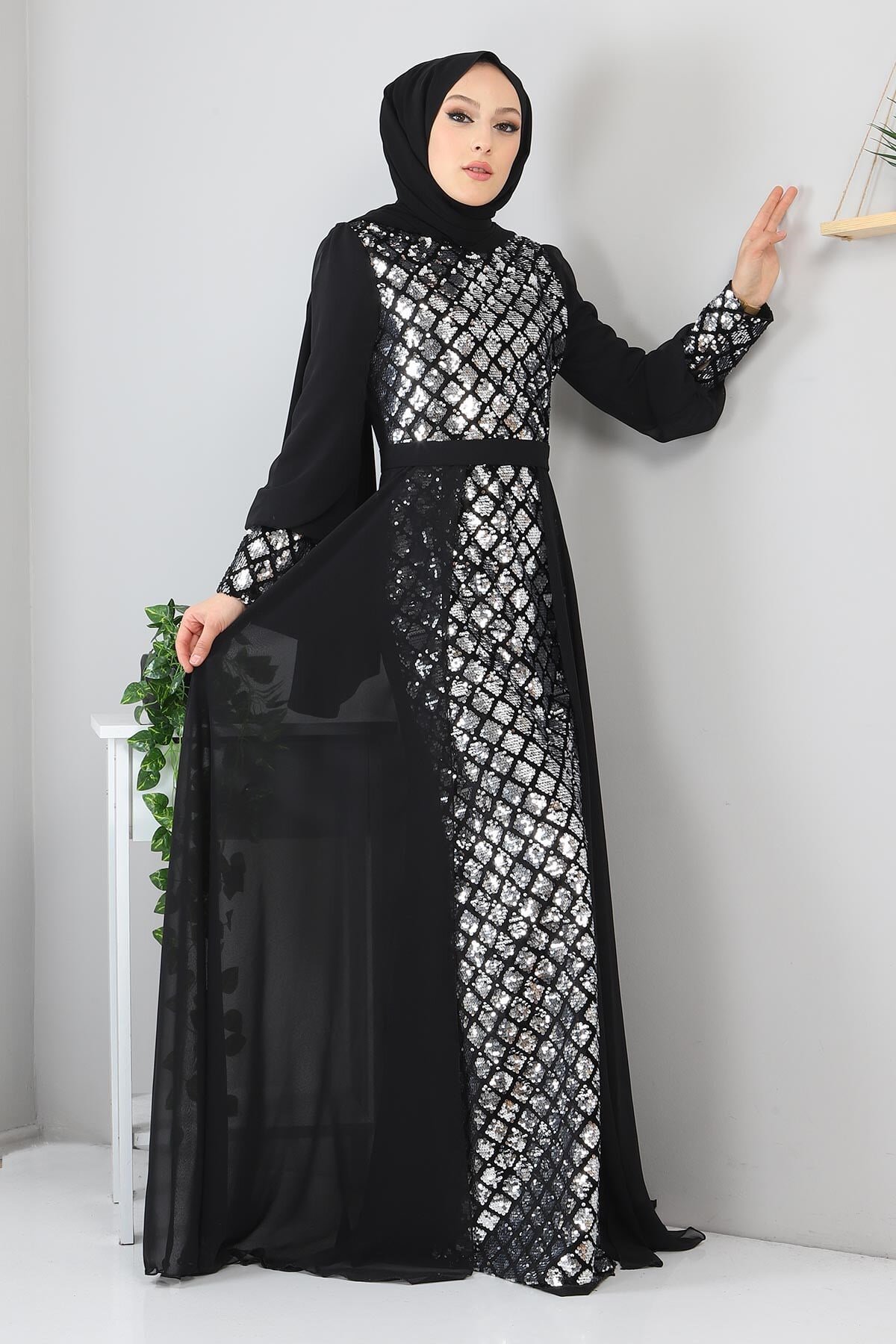 Sequin Chiffon Evening Dress - Silver - Modamihram