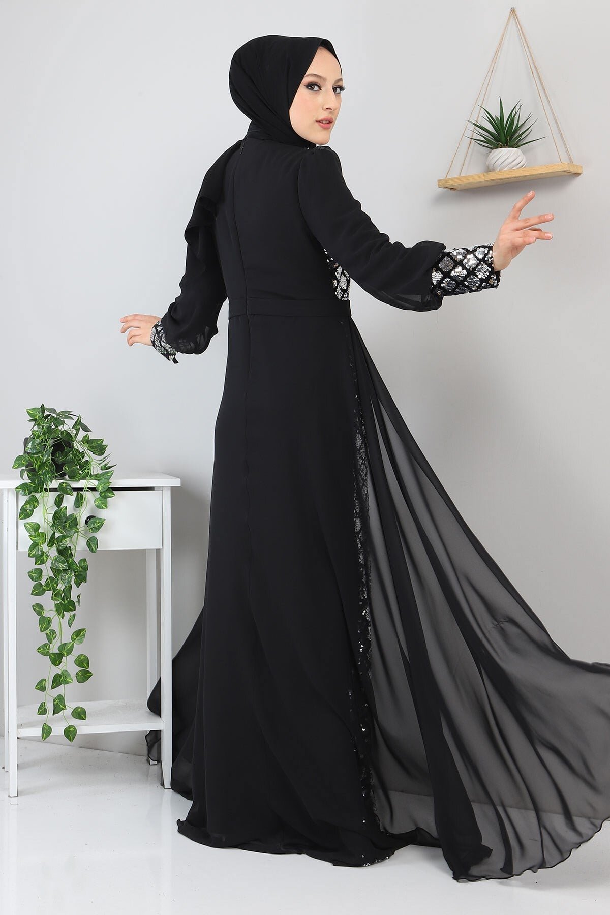 Sequin Chiffon Evening Dress - Silver - Modamihram