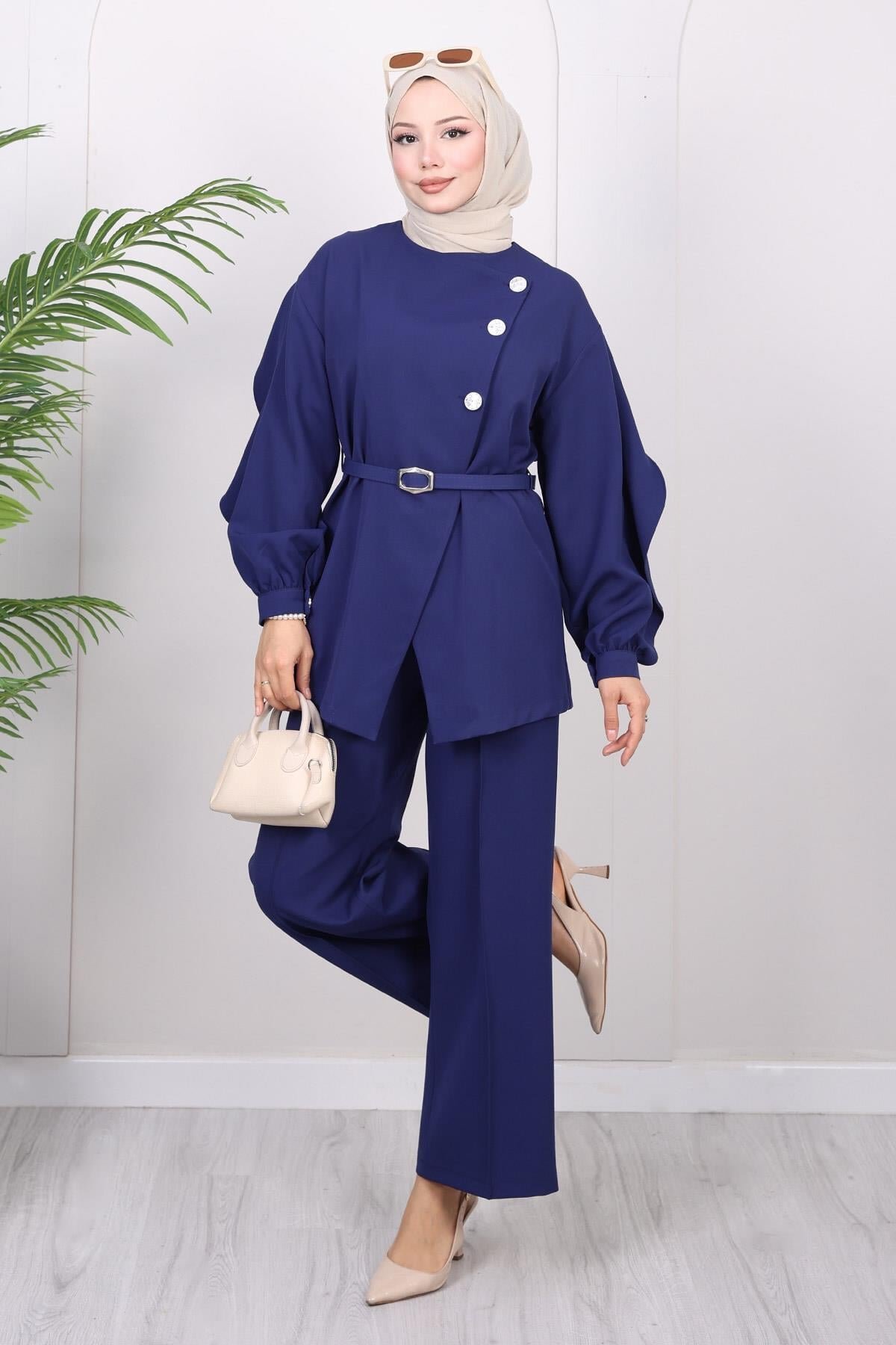 İndigo Çapraz Düğmeli İkili Takım - Modamihram
