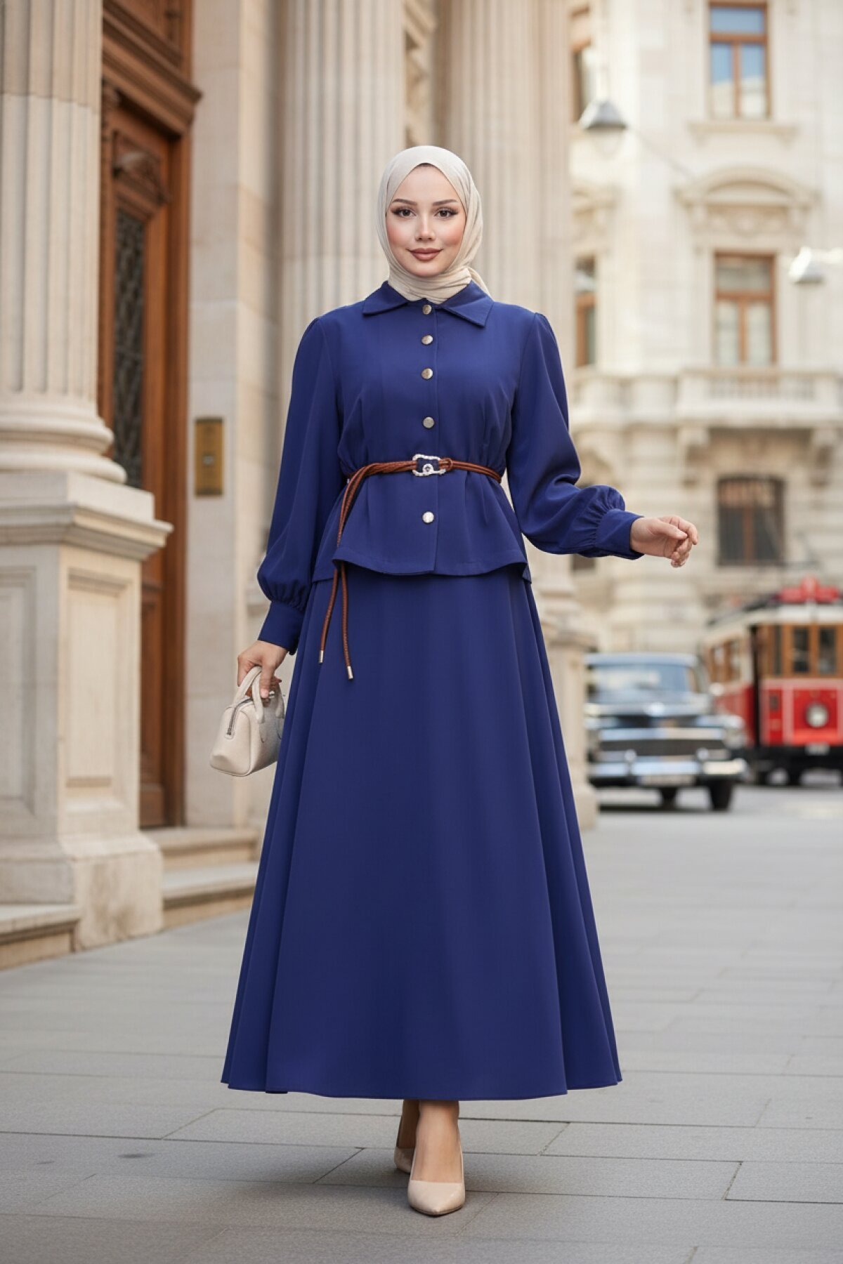 İndigo Etekli Kemer Detaylı İkili Tesettür Takım - Modamihram