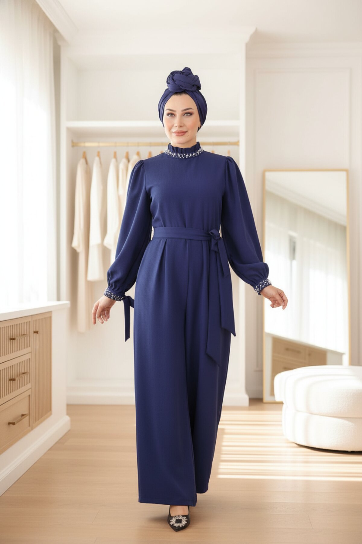 İndigo İnci Detaylı Elbise Tulum - Modamihram