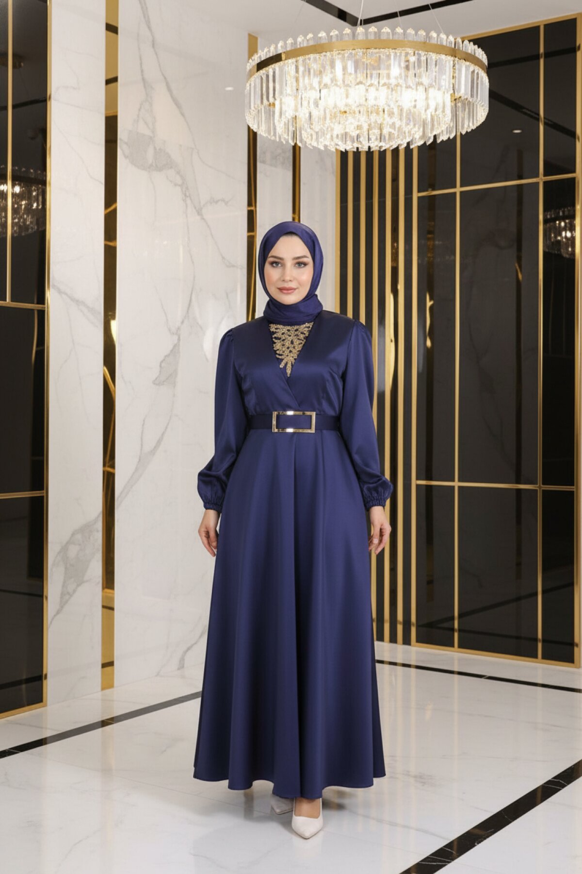 İndigo Saten Taş Detaylı Abiye Elbise - Modamihram