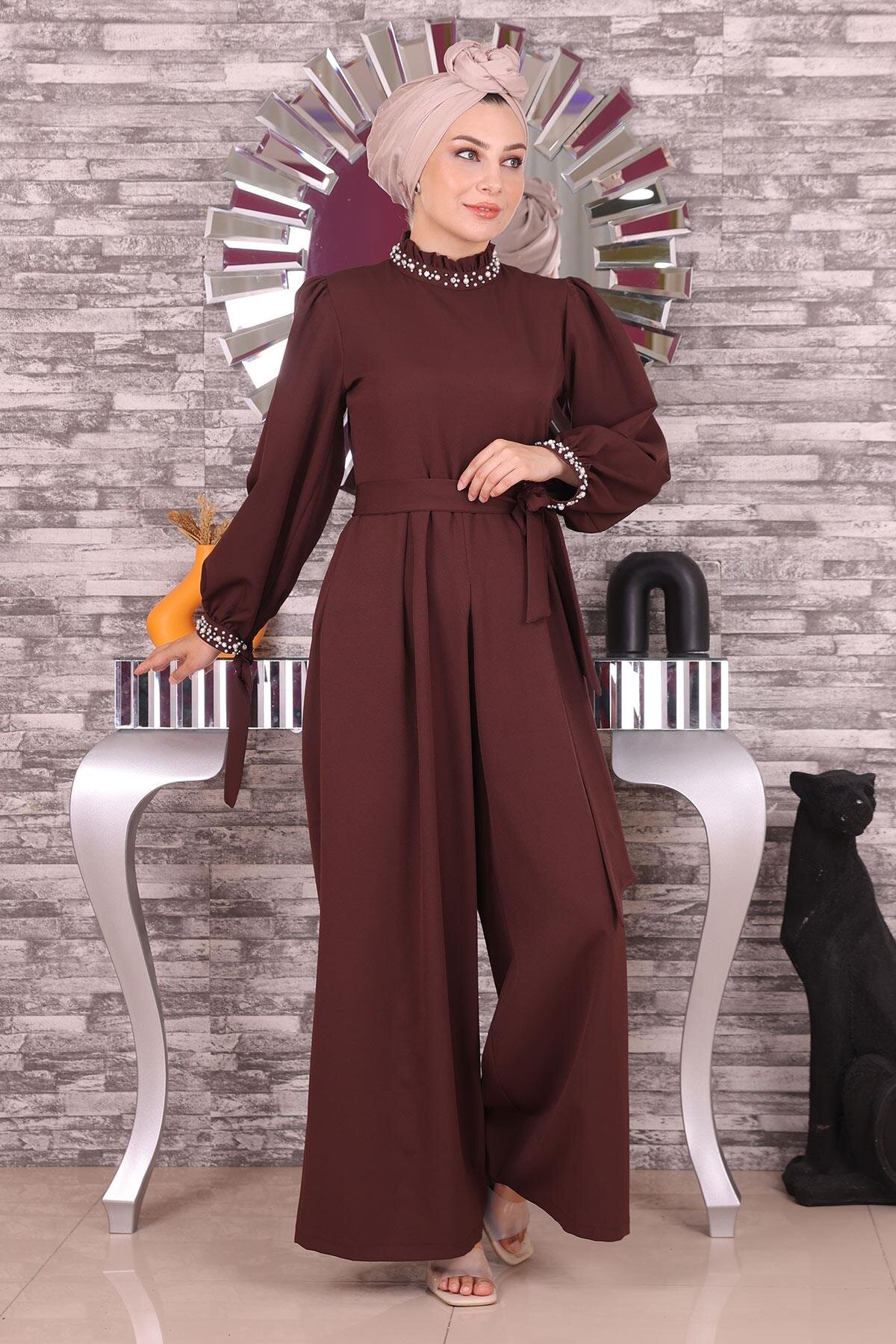 Pearl-Detail Jumpsuit Dress - Brown - Modamihram