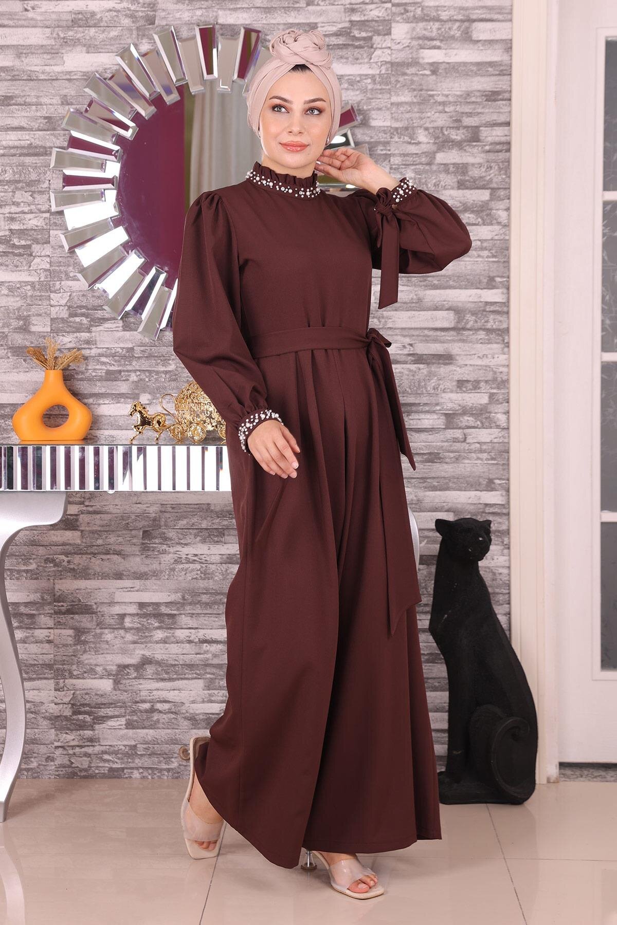 Pearl-Detail Jumpsuit Dress - Brown - Modamihram