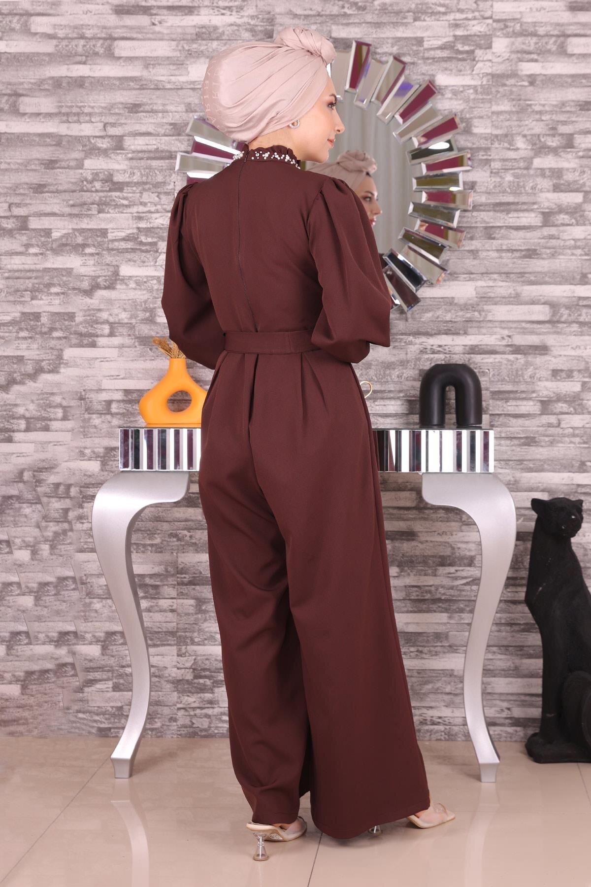 Pearl-Detail Jumpsuit Dress - Brown - Modamihram