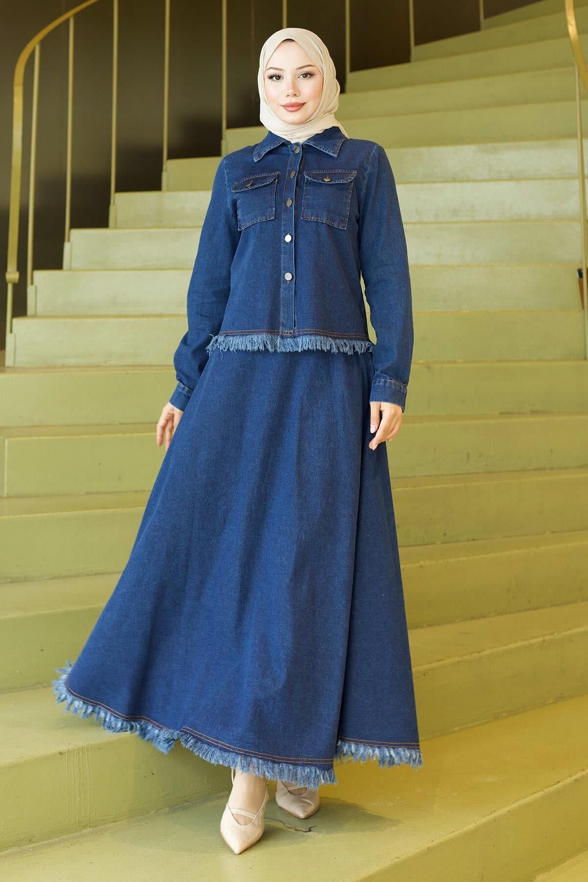 Koyu Mavi Püskül Detaylı Kot Etekli İkili Tesettür Takım - Modamihram