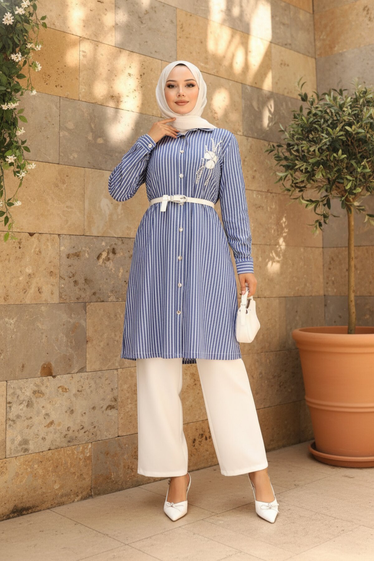 Mavi Çizgili Nakış Detaylı İkili Takım - Modamihram