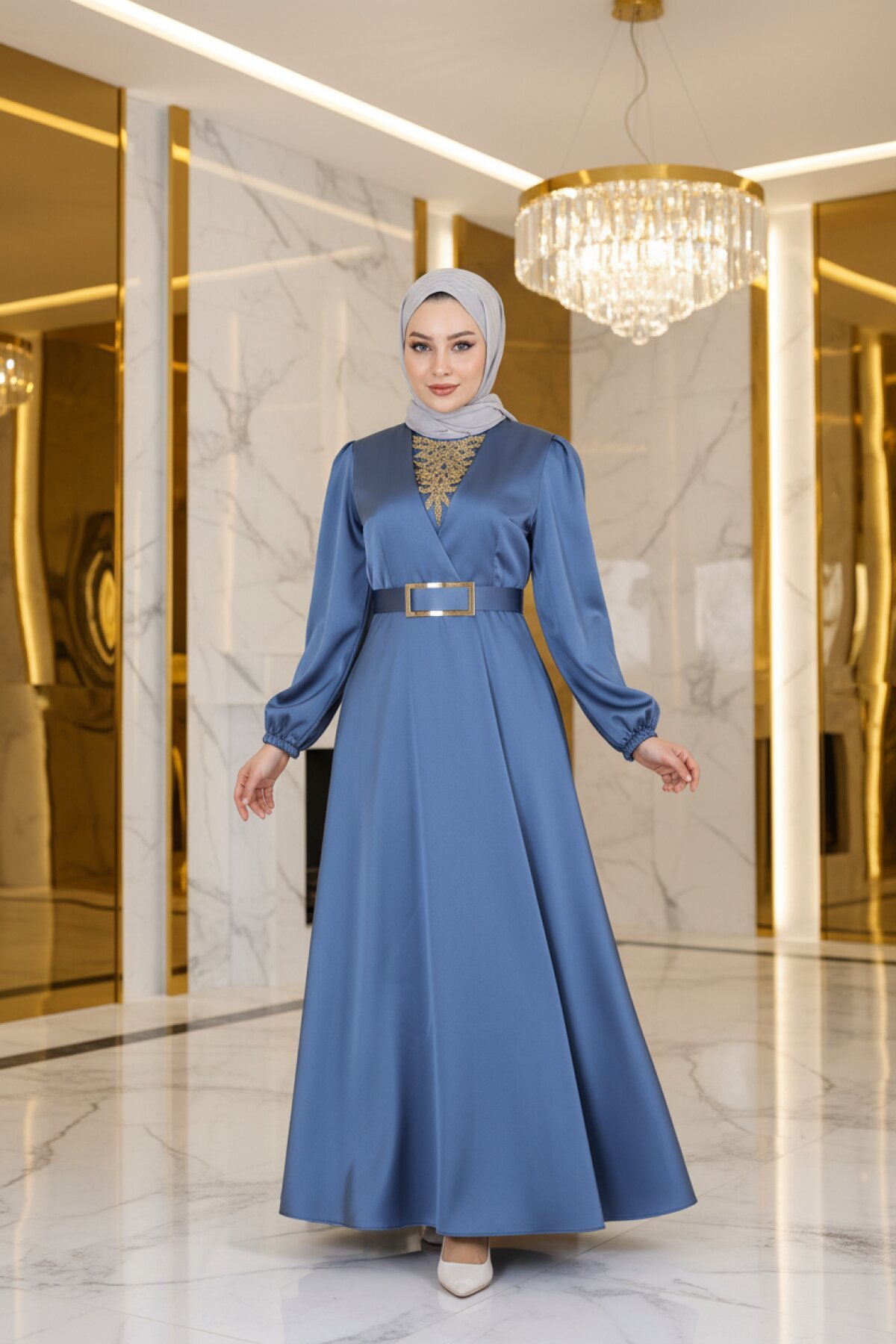 Mavi Saten Taş Detaylı Abiye Elbise - Modamihram