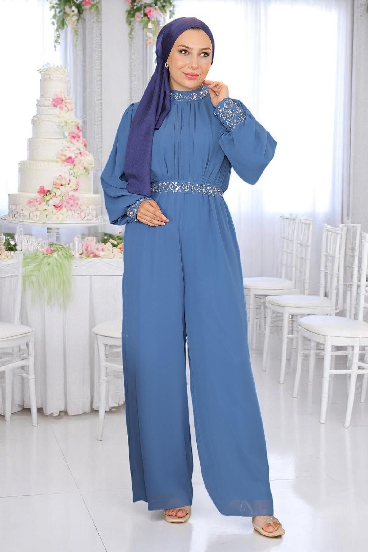 Stone-Detail Chiffon Evening Jumpsuit - Blue - Modamihram