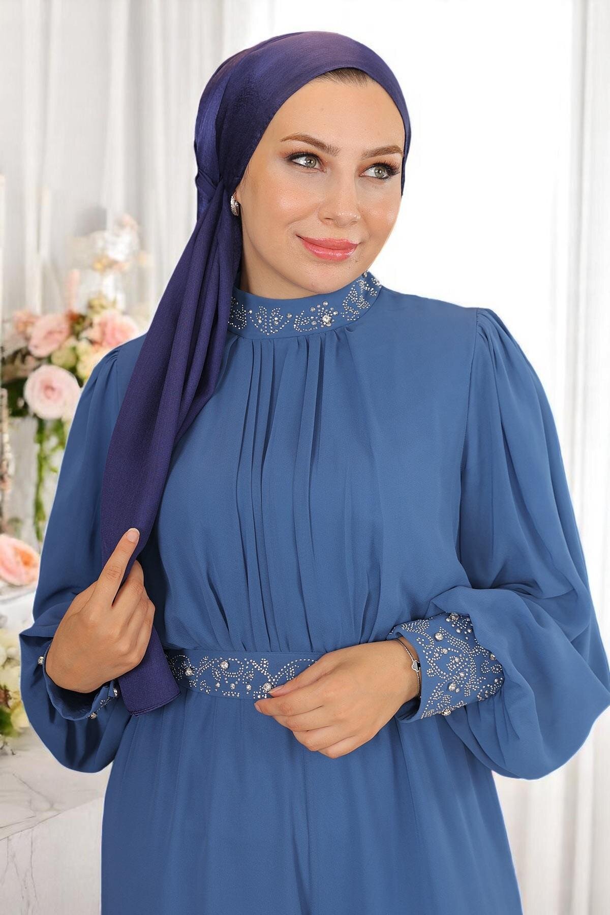 Stone-Detail Chiffon Evening Jumpsuit - Blue - Modamihram
