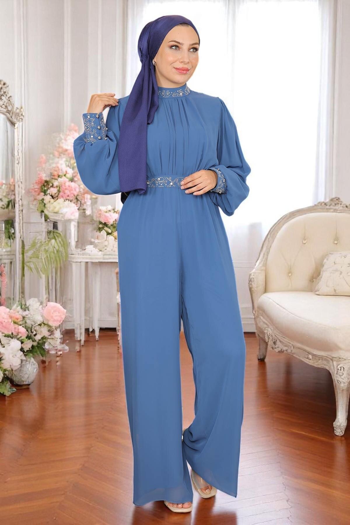 Stone-Detail Chiffon Evening Jumpsuit - Blue - Modamihram