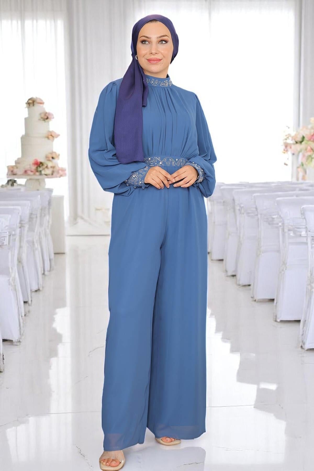 Stone-Detail Chiffon Evening Jumpsuit - Blue - Modamihram