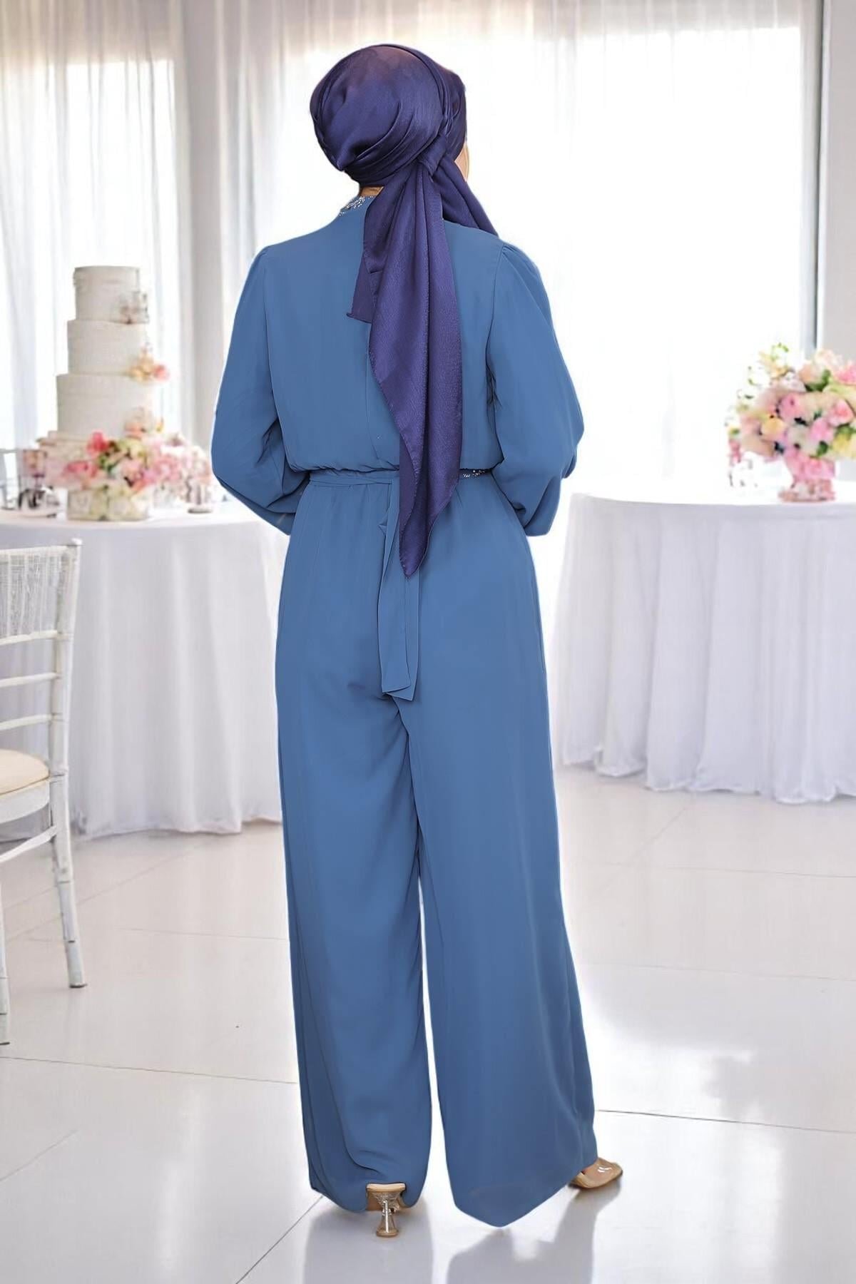 Stone-Detail Chiffon Evening Jumpsuit - Blue - Modamihram
