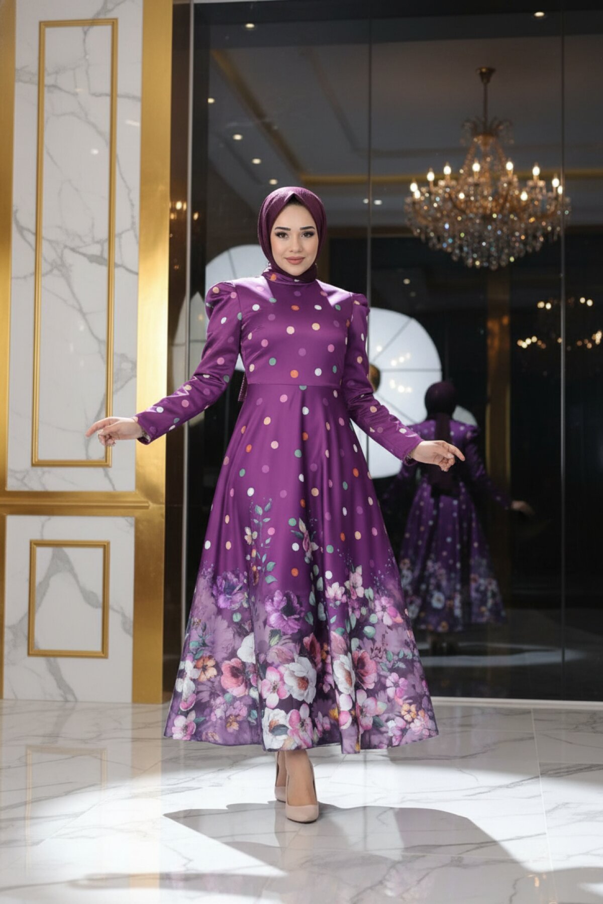 Mürdüm Çiçekli Puantiyeli Saten Abiye Elbise - Modamihram