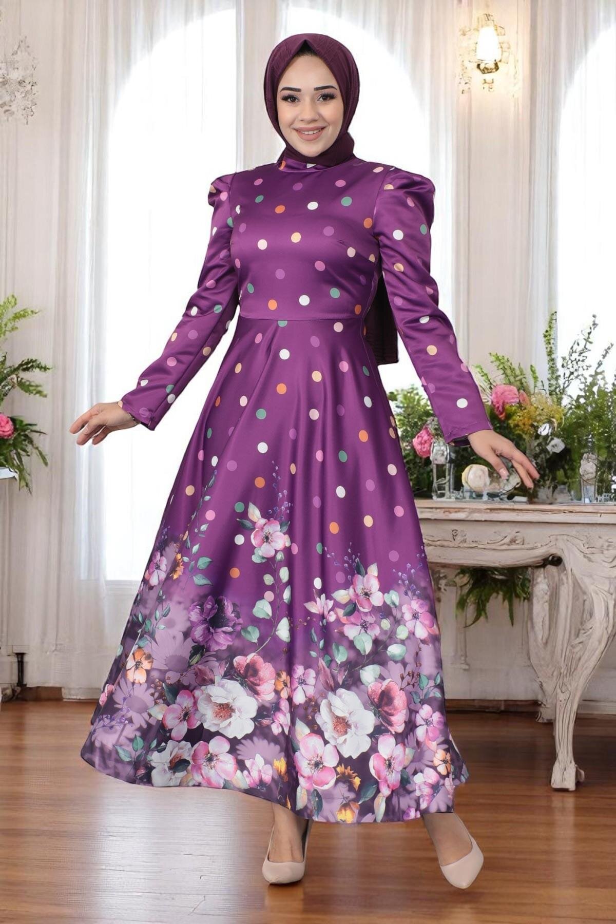 Floral Dot Print Satin Evening Dress - Damson - Modamihram