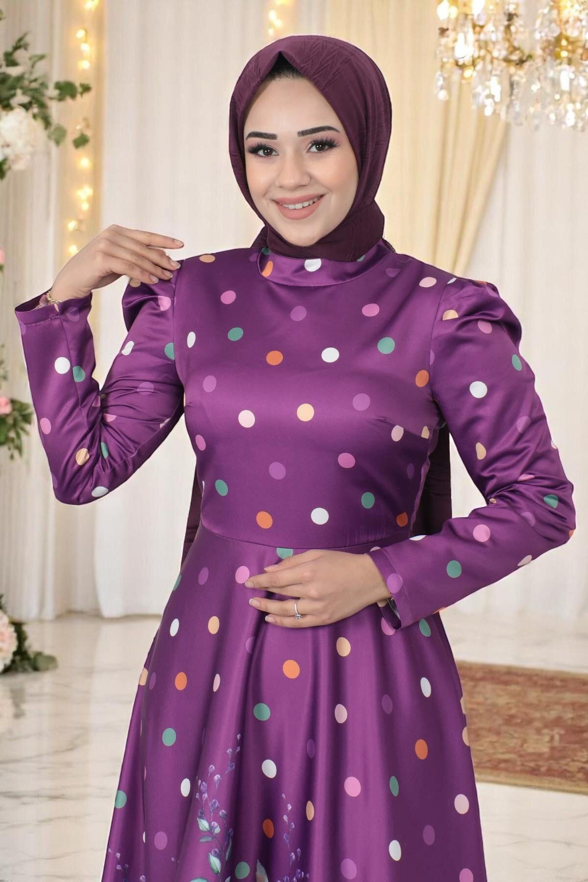 Floral Dot Print Satin Evening Dress - Damson - Modamihram