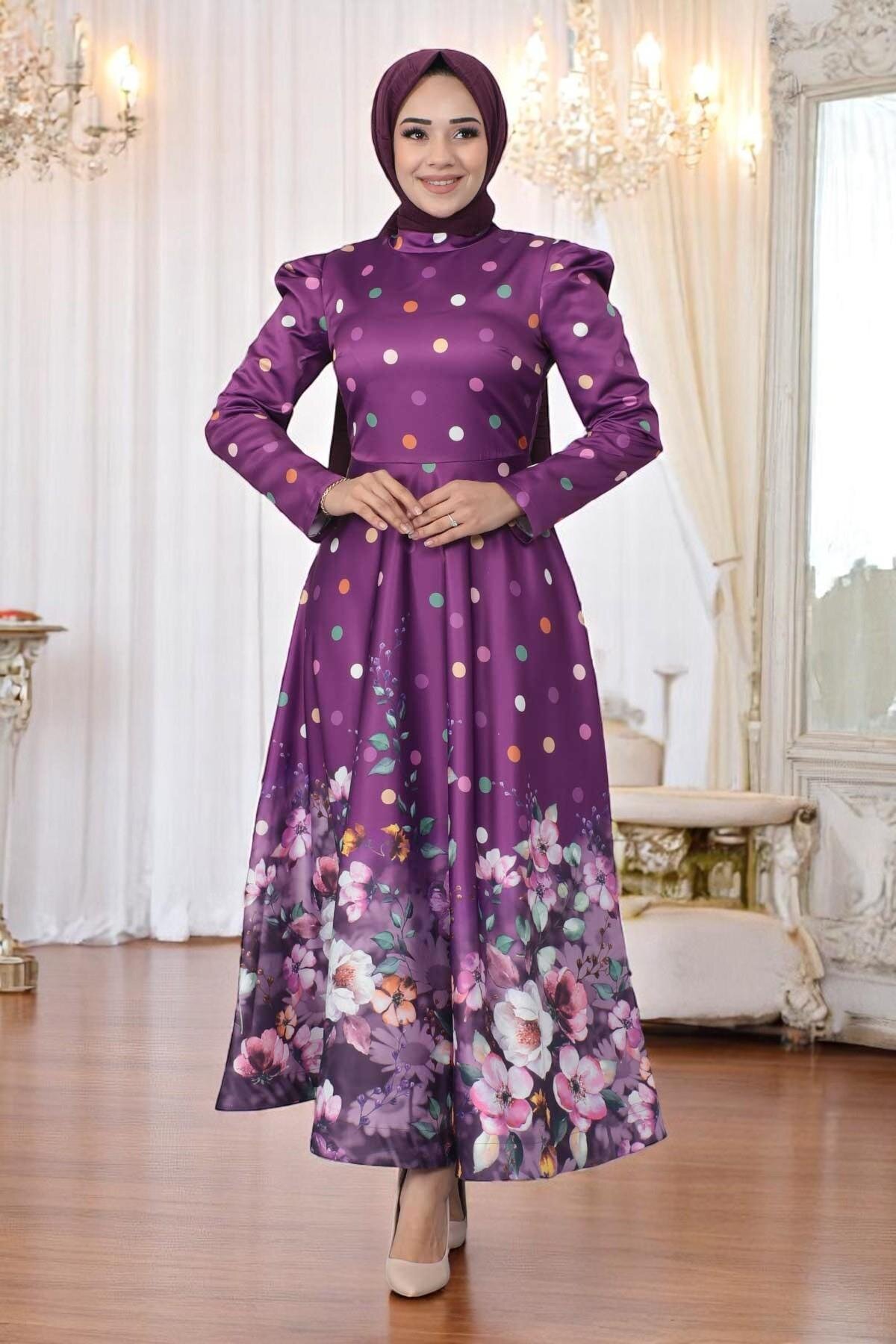 Floral Dot Print Satin Evening Dress - Damson - Modamihram