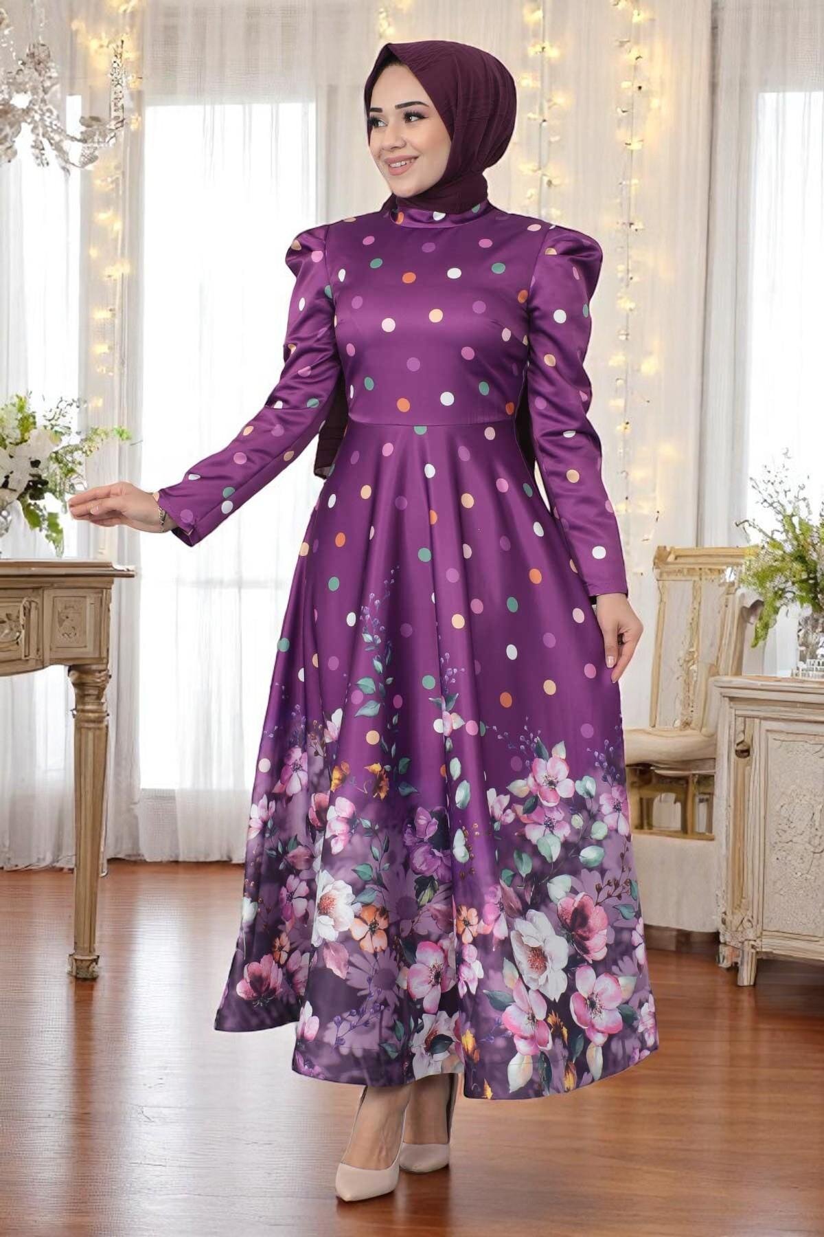 Floral Dot Print Satin Evening Dress - Damson - Modamihram