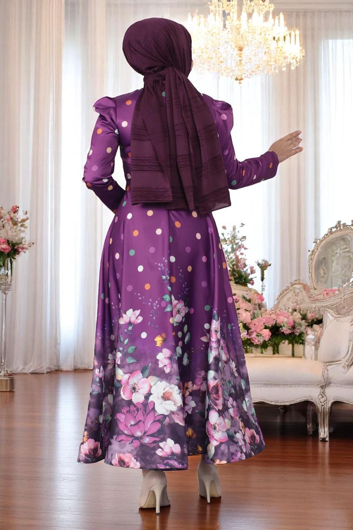 Floral Dot Print Satin Evening Dress - Damson - Modamihram